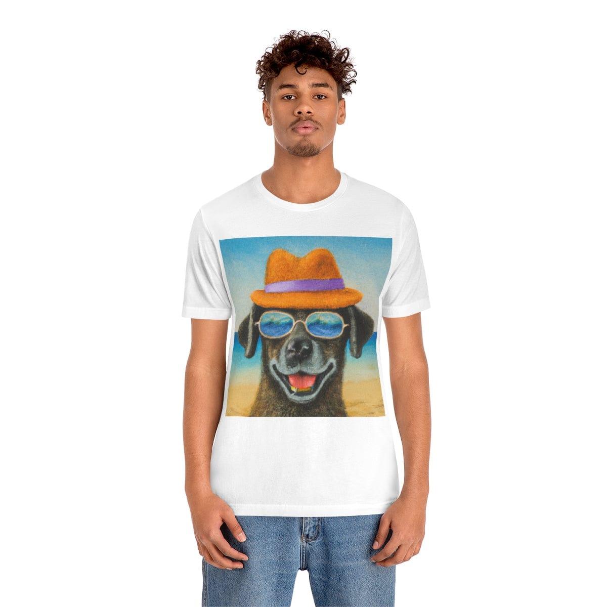 Dog with glasses and hat by the beach painting on ladies Tshirt - Giftsmojo