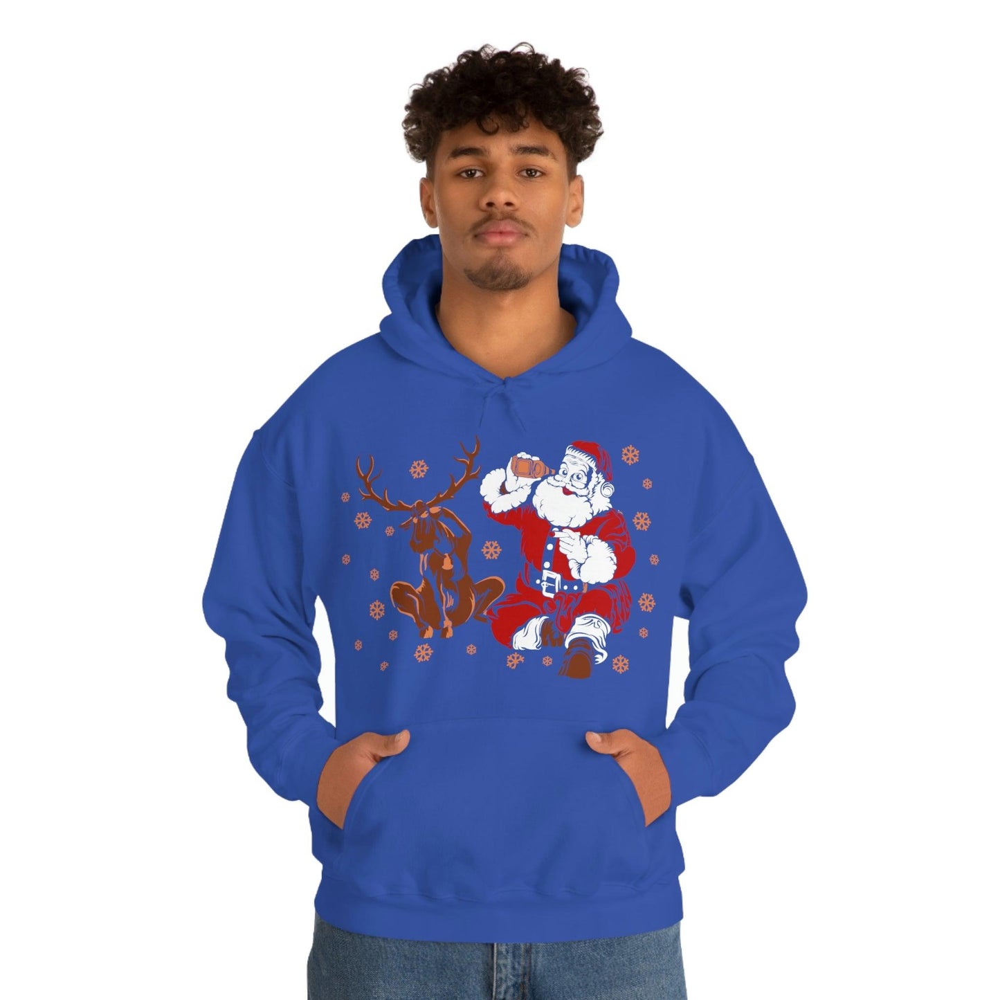 Santa and Reindeer Hooded Sweatshirt Christmas Shirt Funny Christmas Sweatshirt Christmas Gifts Santa Drinking Beer