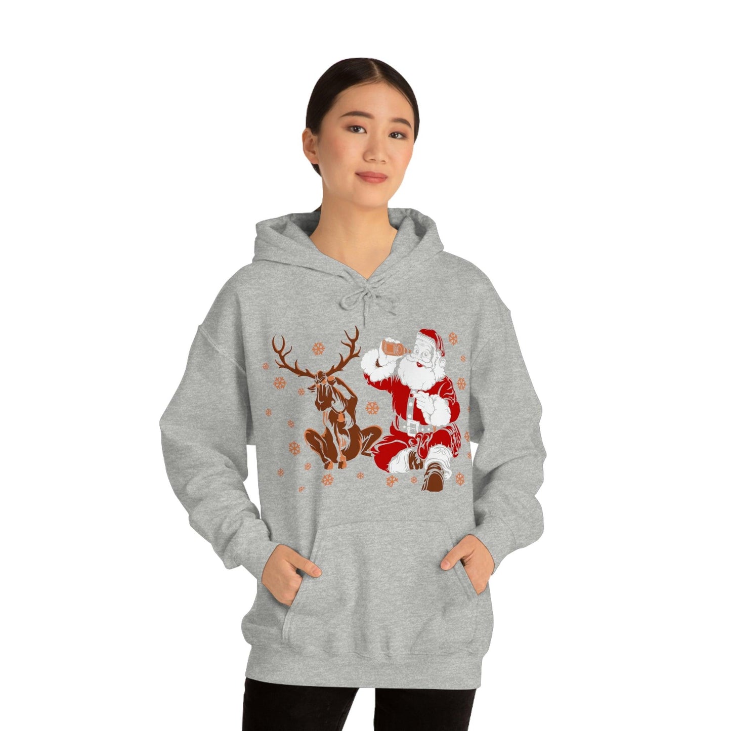Santa and Reindeer Hooded Sweatshirt Christmas Shirt Funny Christmas Sweatshirt Christmas Gifts Santa Drinking Beer