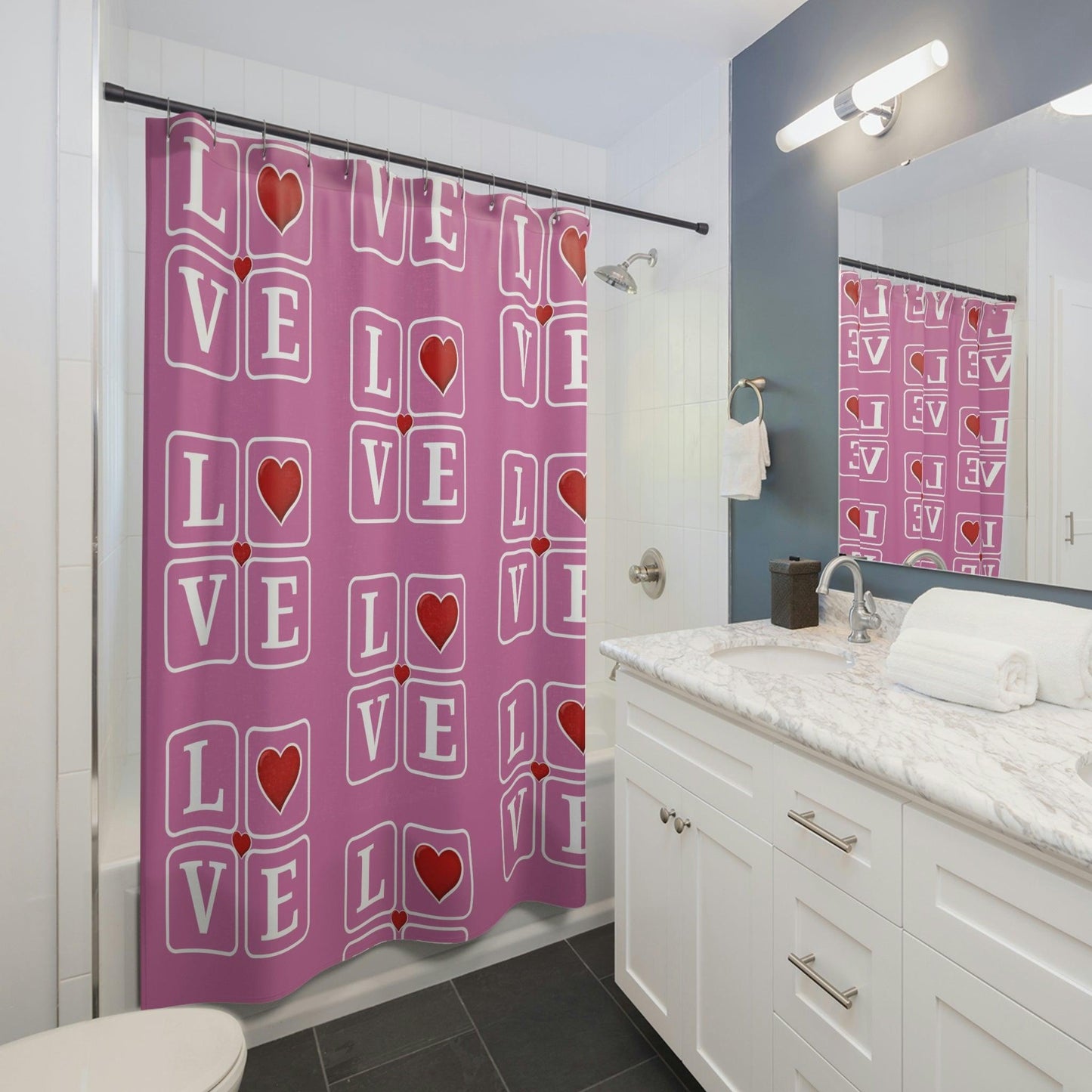 Love Squares with Hearts Shower Curtains, Valentine's day shower Curtains,