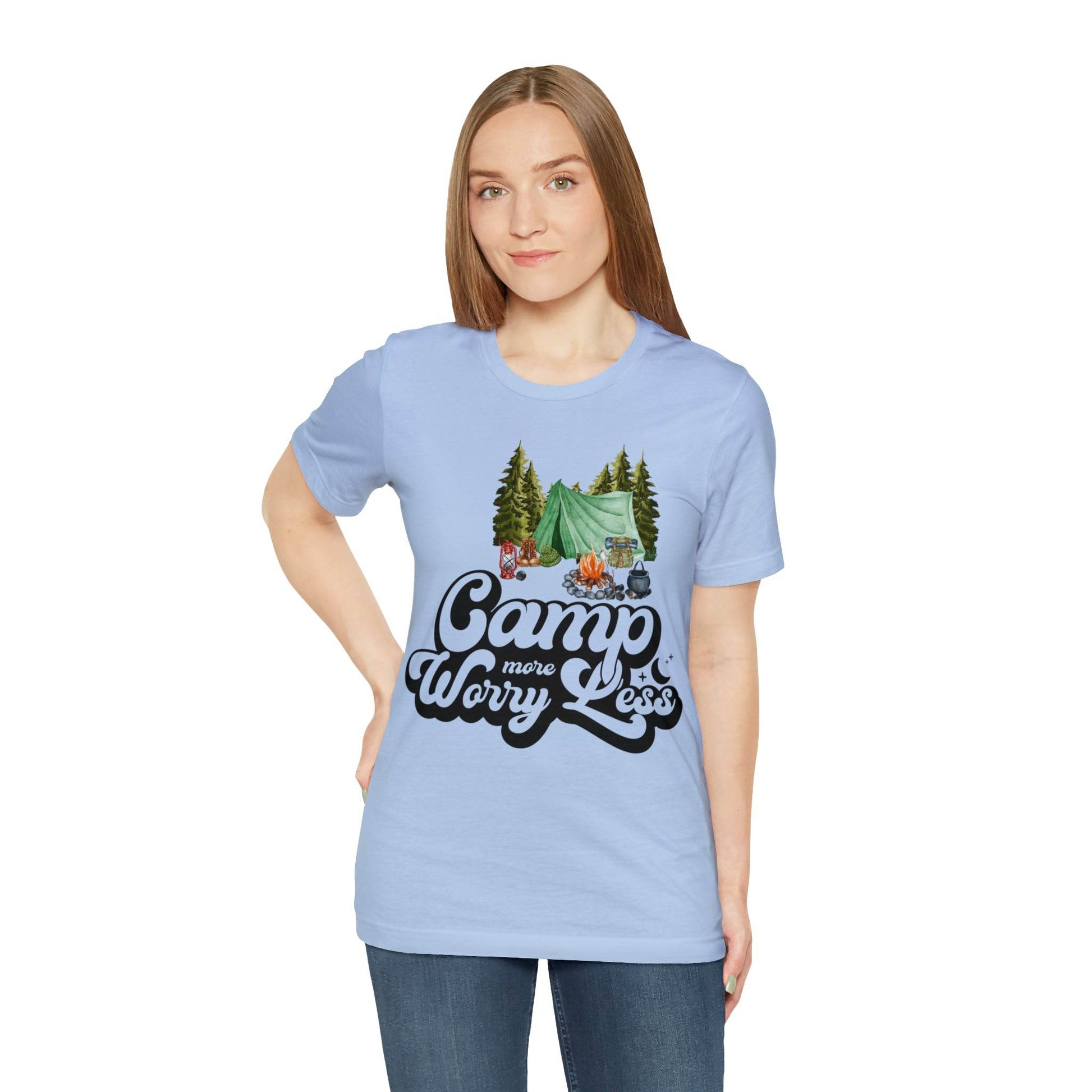 Camp More Worry Less Shirt, Outdoor adventure clothing, Nature-inspired shirts, Hiking apparel, Outdoor enthusiasts gift, Adventure-themed attire - Giftsmojo