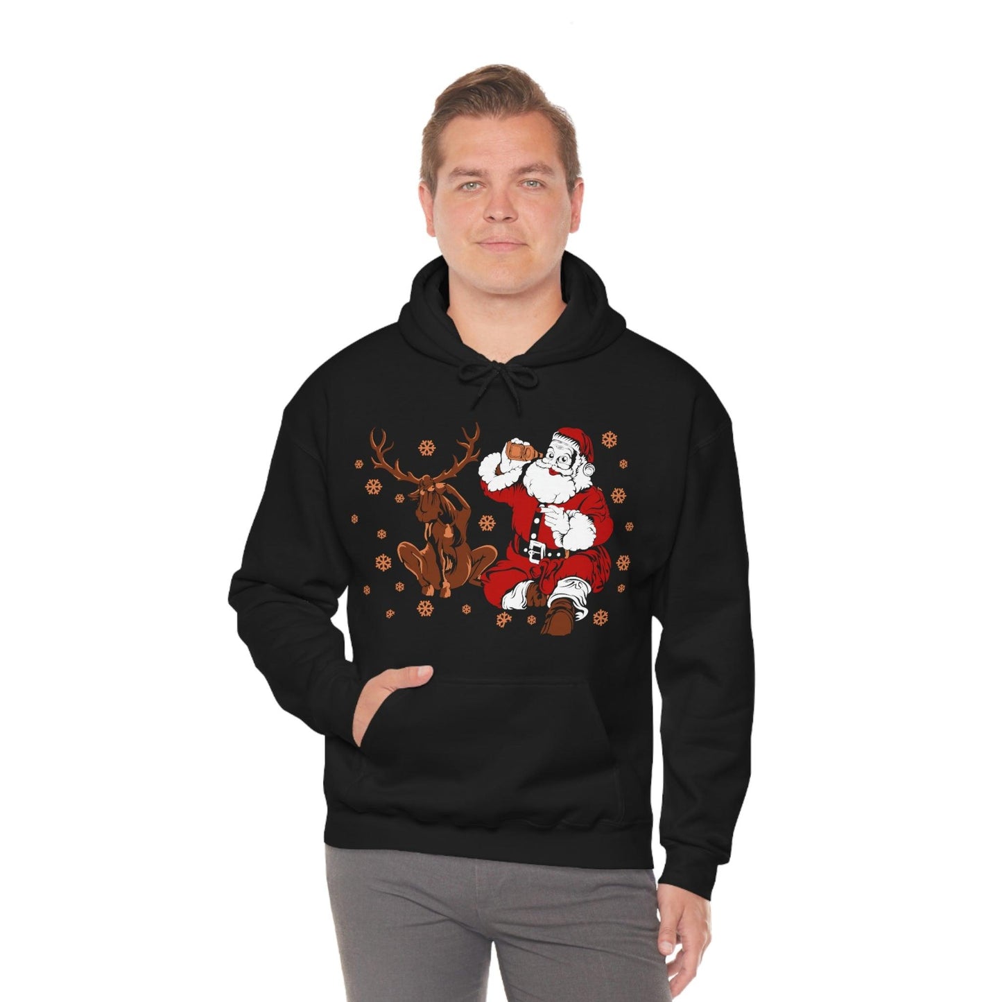 Santa and Reindeer Hooded Sweatshirt Christmas Shirt Funny Christmas Sweatshirt Christmas Gifts Santa Drinking Beer