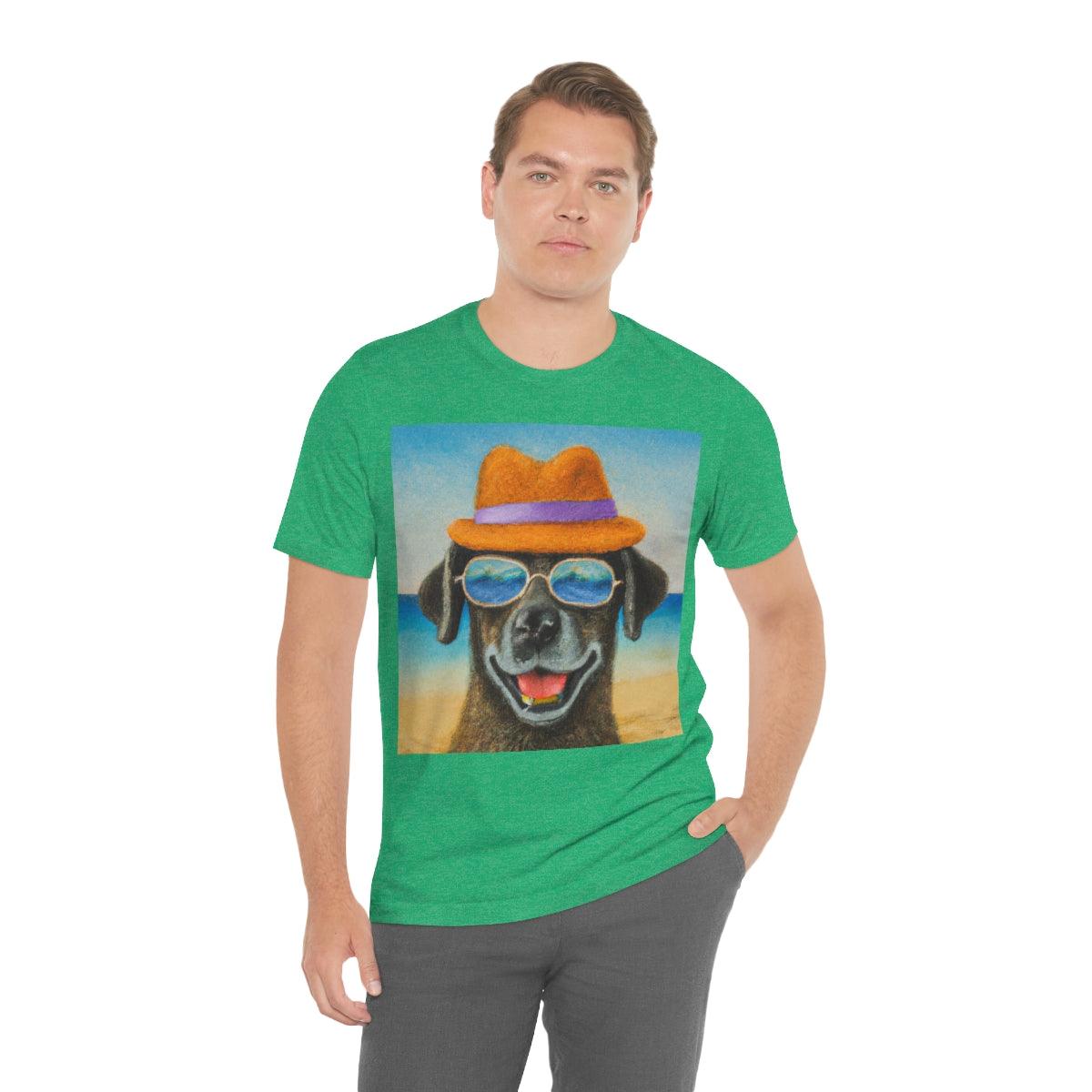 Dog with glasses and hat by the beach painting on ladies Tshirt - Giftsmojo