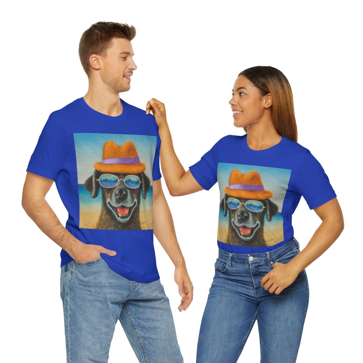 Dog with glasses and hat by the beach painting on ladies Tshirt - Giftsmojo