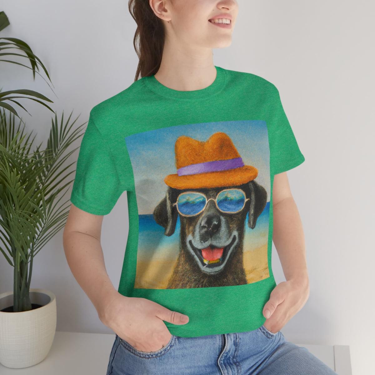 Dog with glasses and hat by the beach painting on ladies Tshirt - Giftsmojo