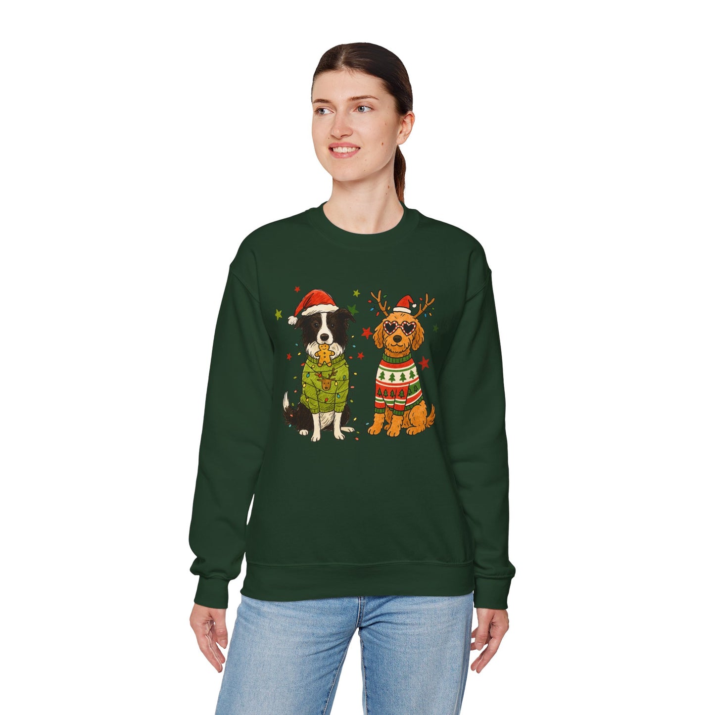 Forest green unisex crewneck with two dogs in holiday sweaters and “Merry Christmas” text, centered graphic