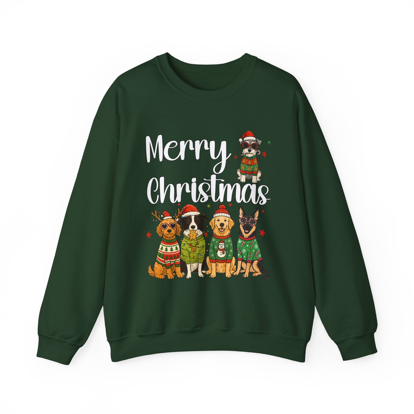Forest green unisex crewneck with five dogs in seasonal sweaters and “Merry Christmas” text,