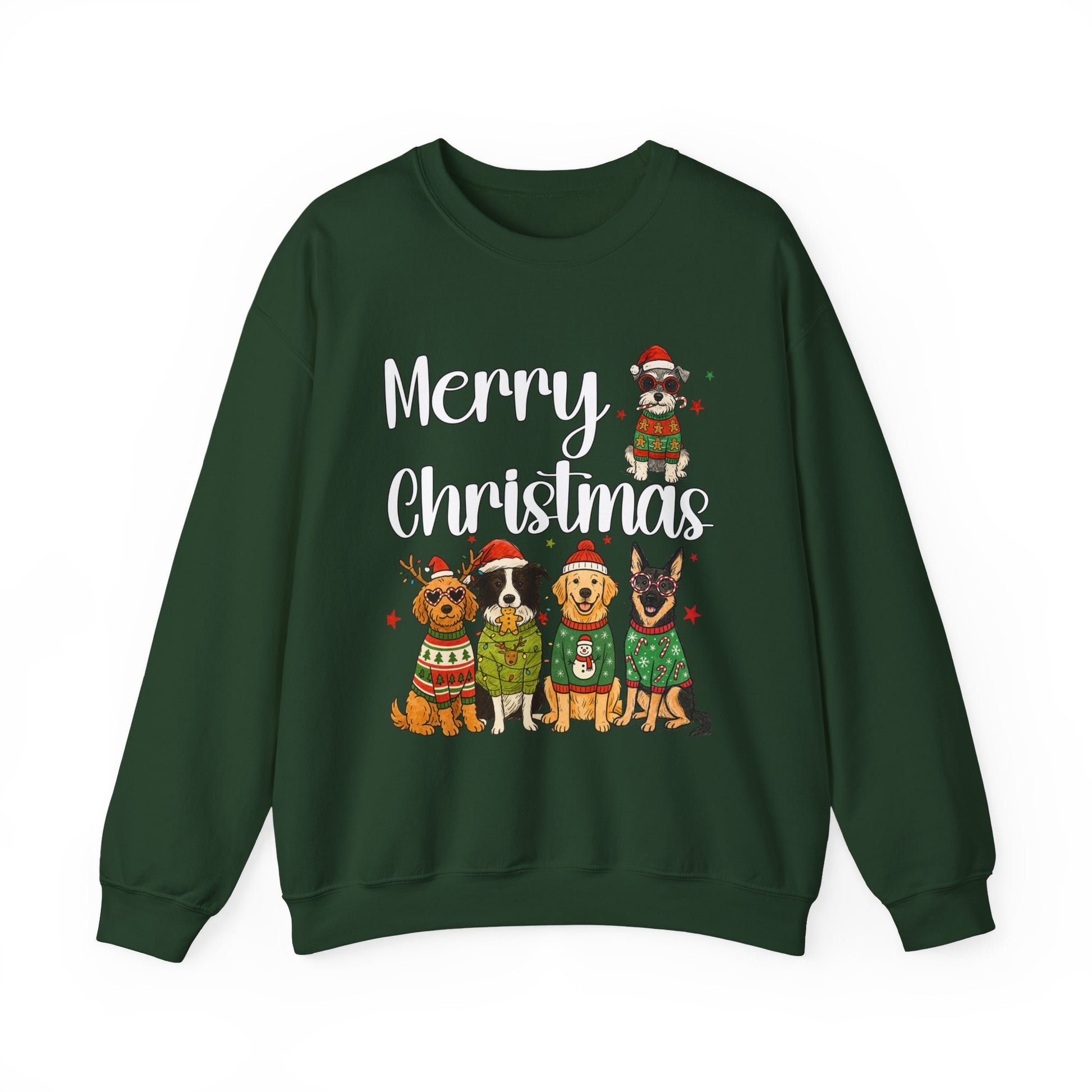 Forest green unisex crewneck with five dogs in seasonal sweaters and “Merry Christmas” text,