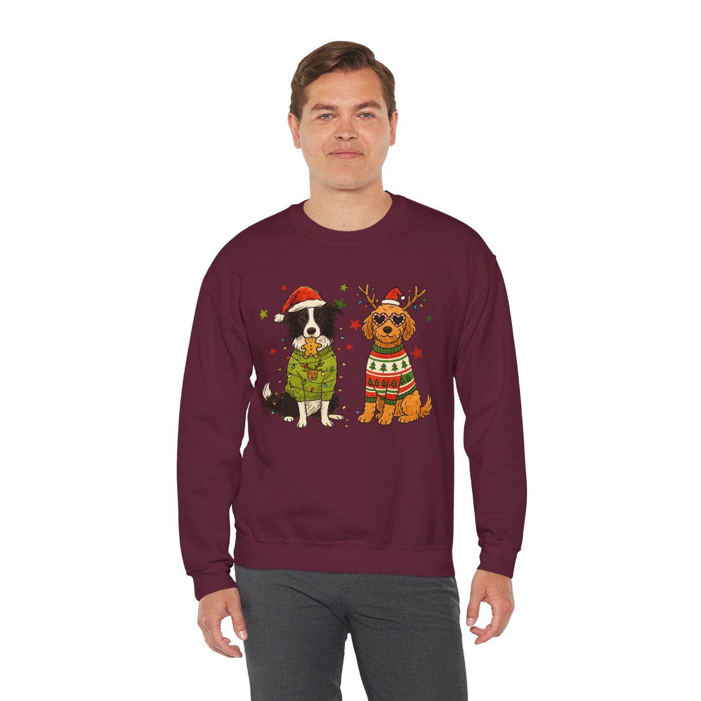 2 Dogs Christmas Sweatshirt Unisex Fleece Crew | GiftsMojo