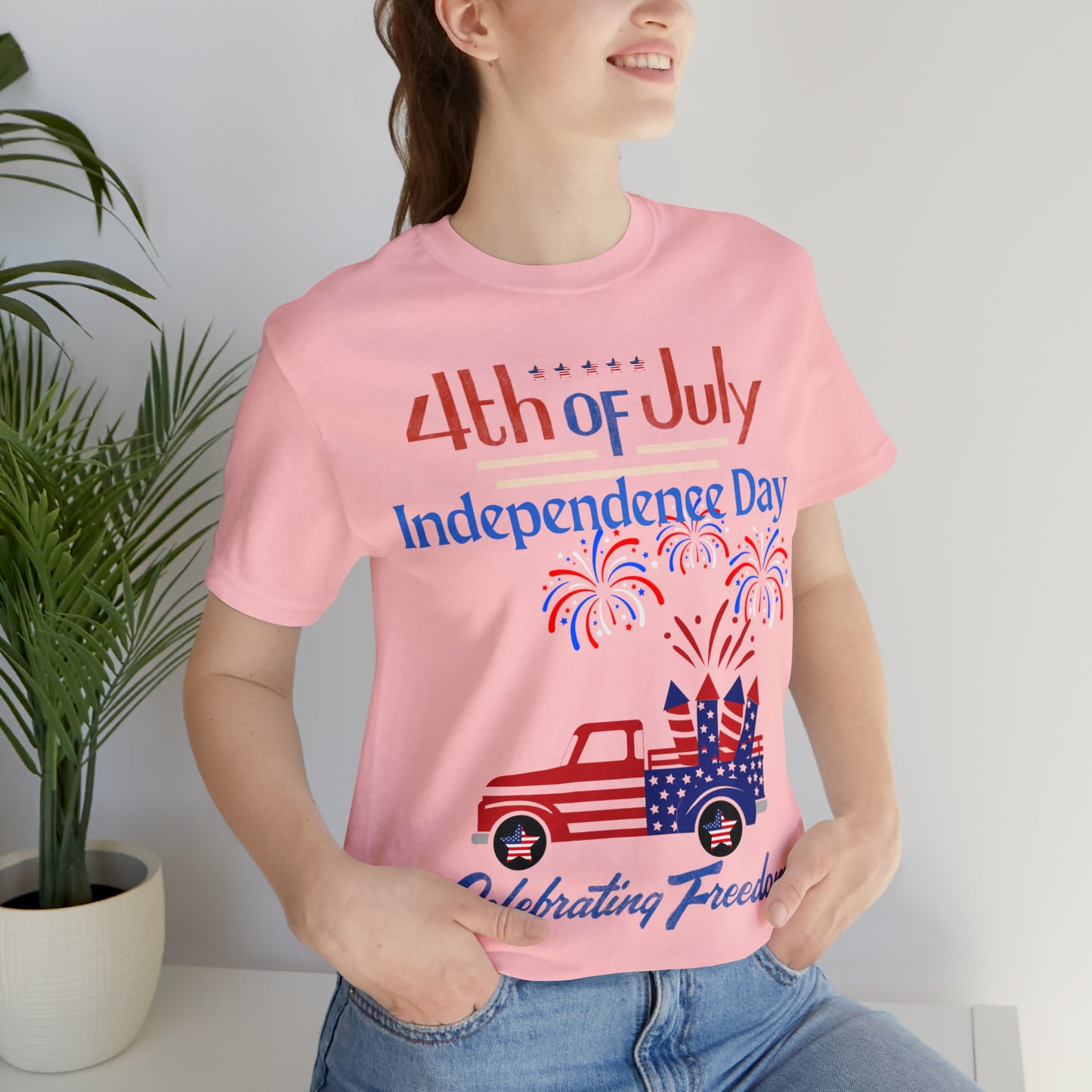 Celebrate Independence with our Patriotic Freedom Shirt! Men and Women's 4th of July Shirt featuring USA Flag, Fireworks, and Joyful Spirit!"