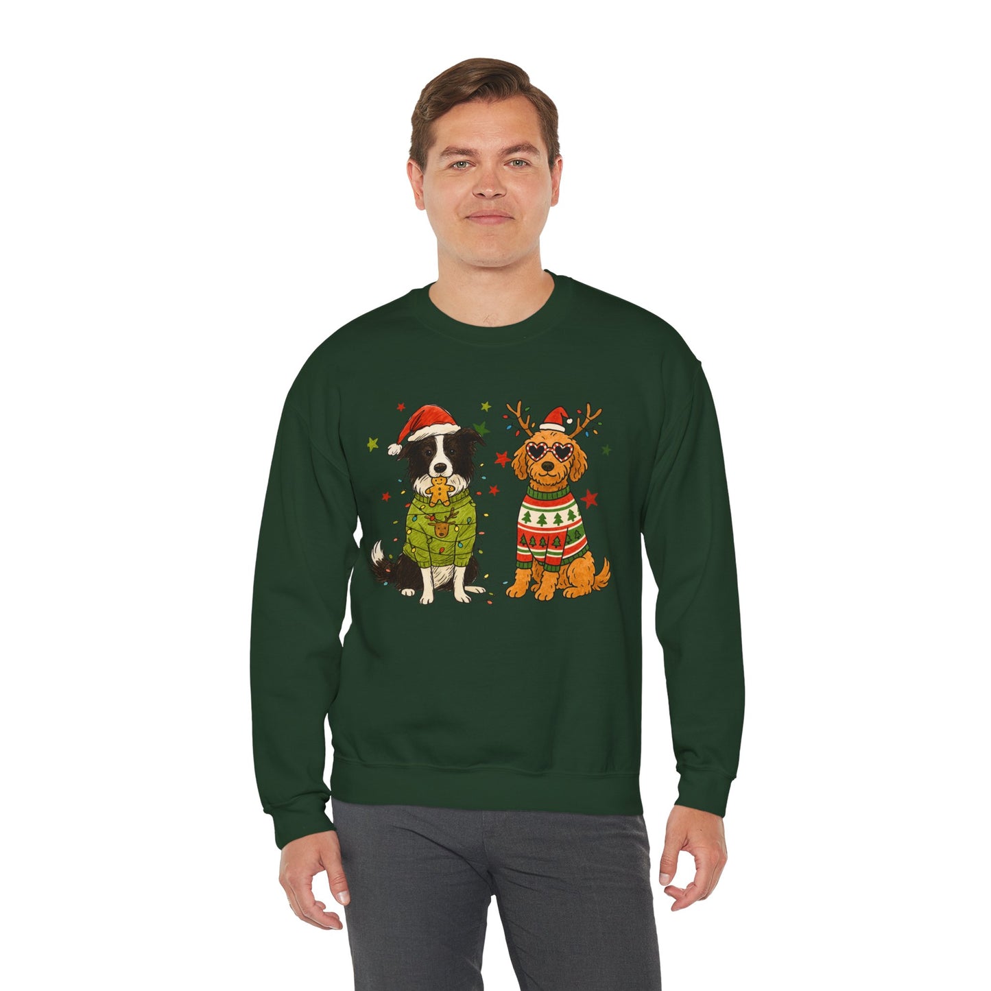 Forest green unisex crewneck with two dogs in holiday sweaters and “Merry Christmas” text, centered graphic