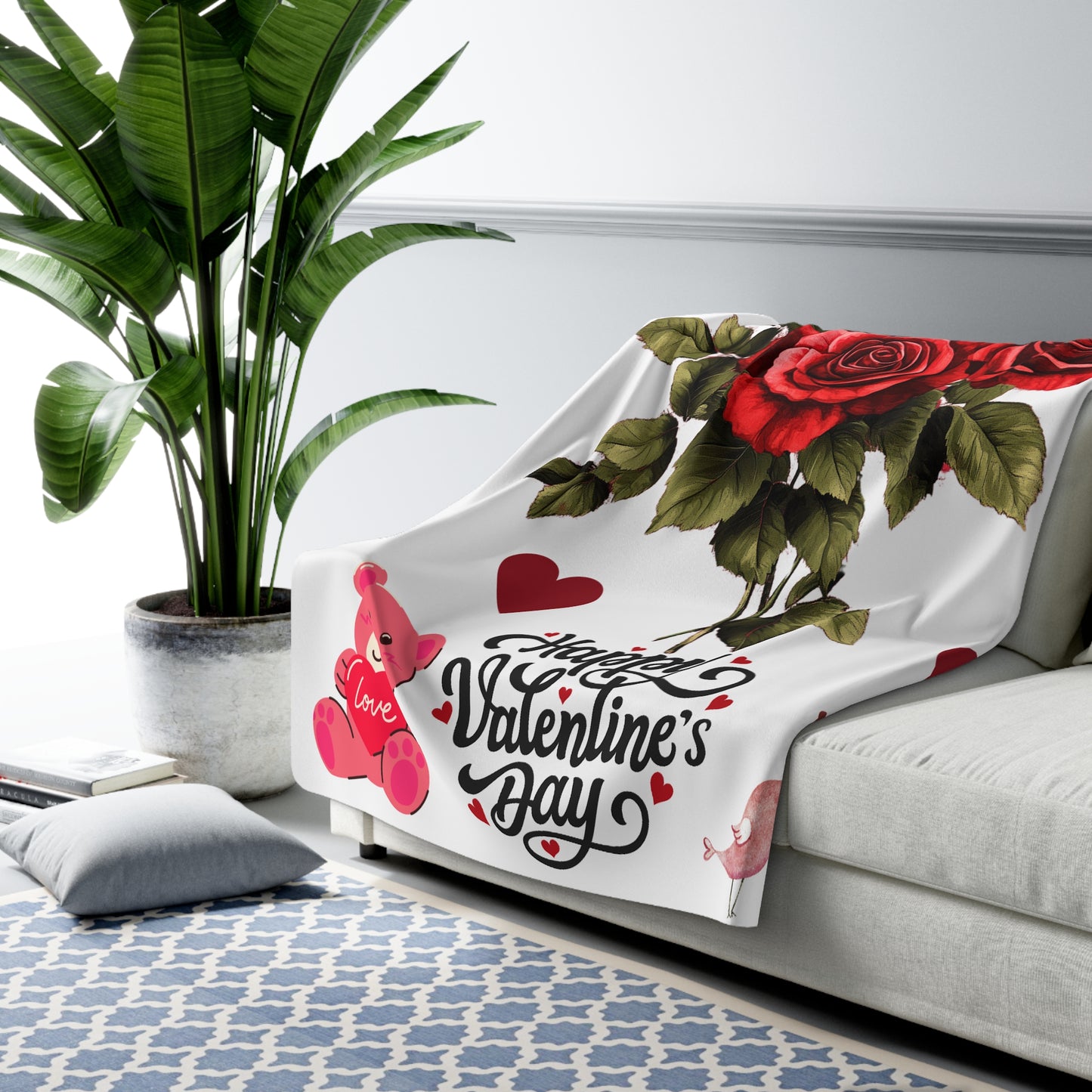 Sherpa Fleece Blanket - Romantic Gift for Her Valentine's Day with Roses