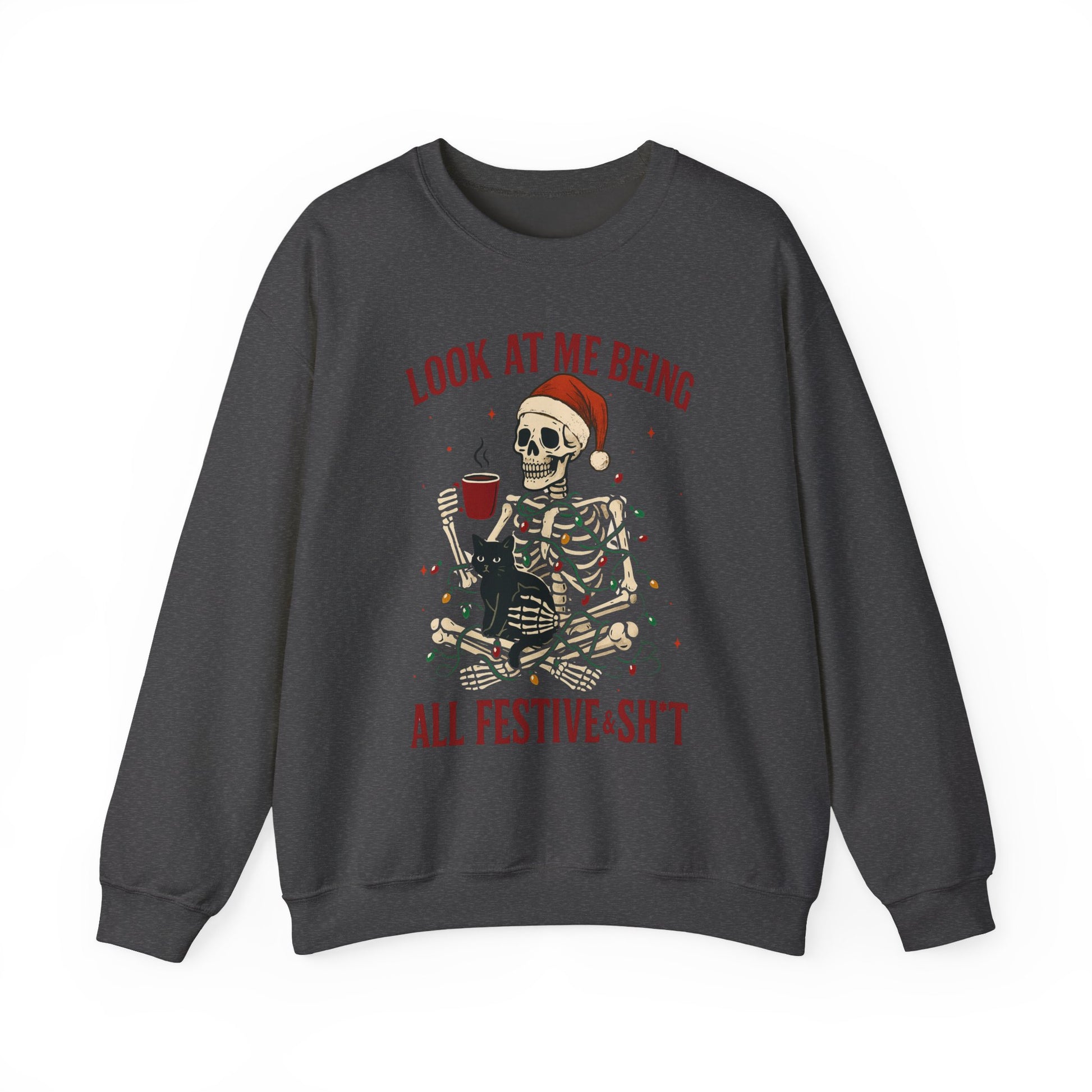 Black Christmas sweatshirt showing skeleton-in-lights artwork with cheeky text, relaxed unisex cut in flat product mockup