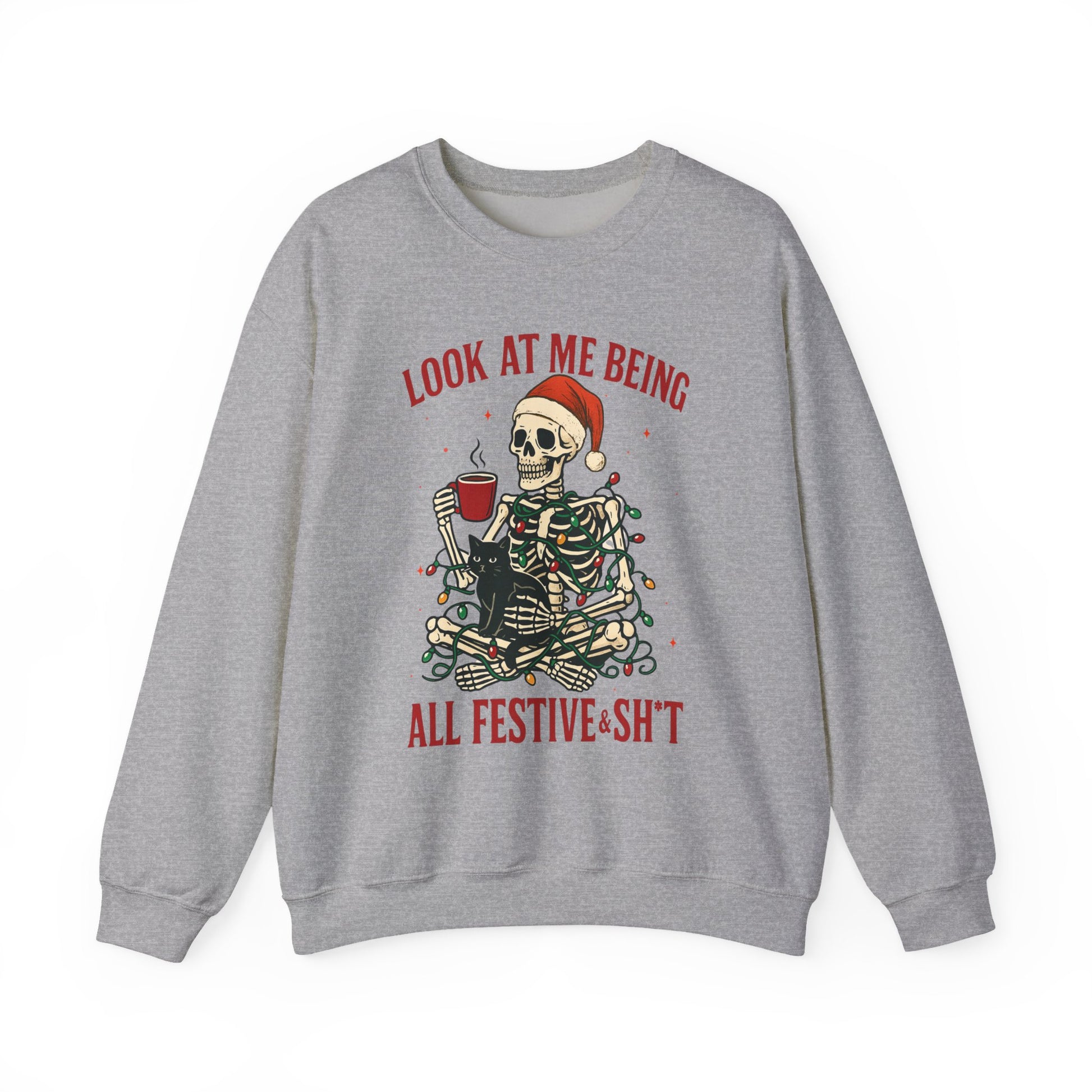 Unisex crewneck with reindeer wearing striped scarf, centered chest graphic, studio front view on clean white background
