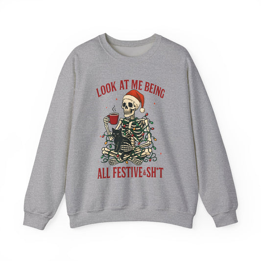 Unisex crewneck with reindeer wearing striped scarf, centered chest graphic, studio front view on clean white background