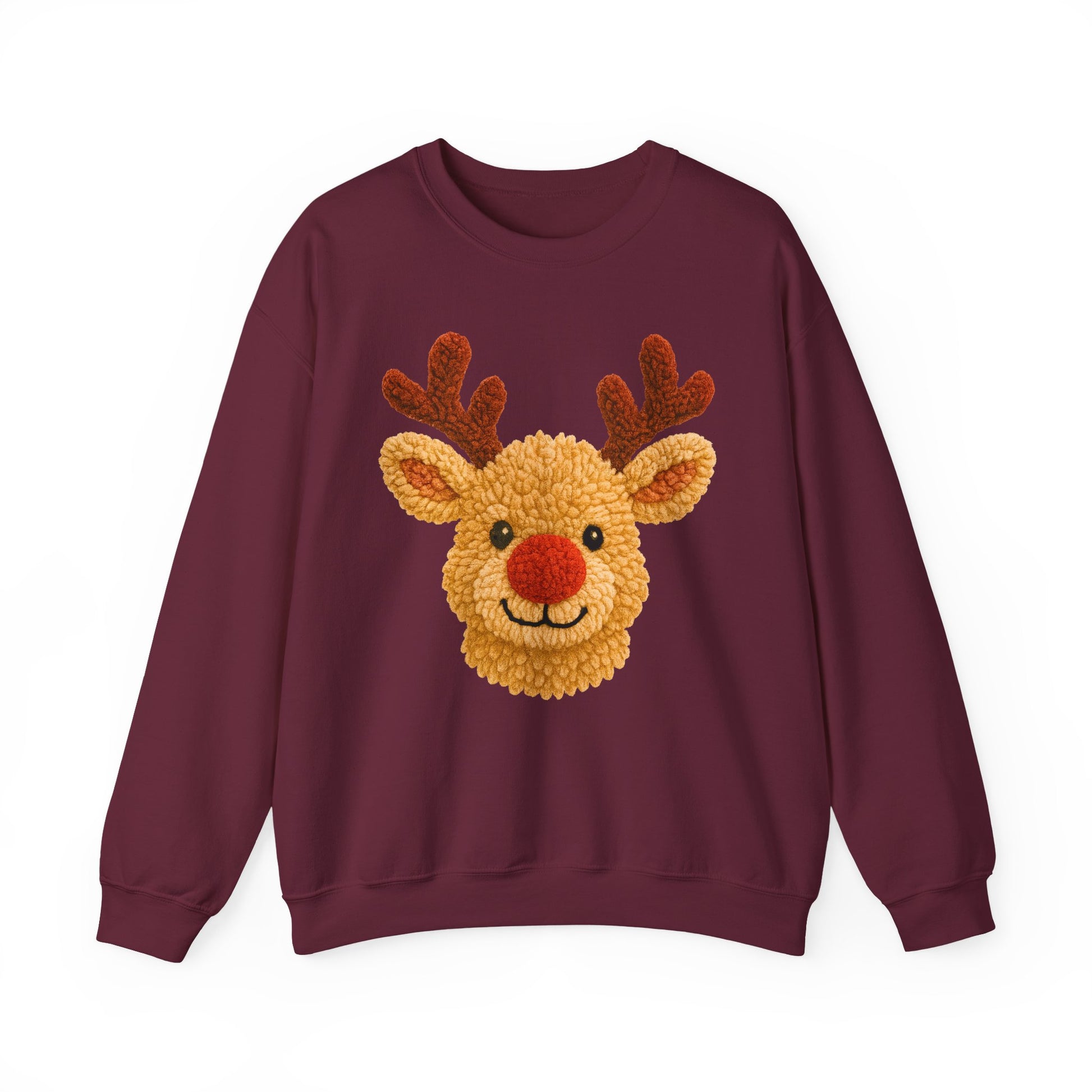 maroon fleece crew with high-contrast reindeer design, ribbed collar and cuffs visible in product mockup
