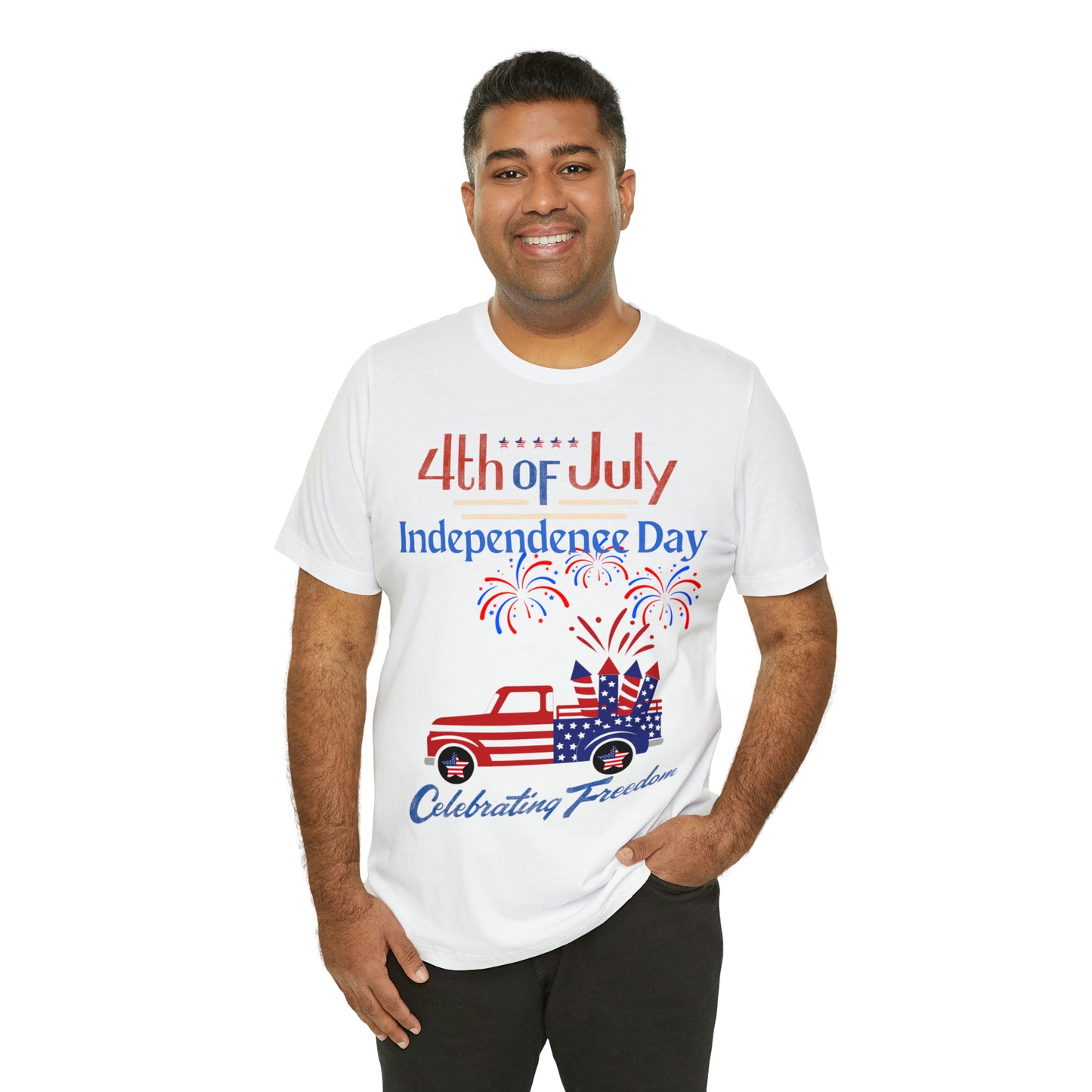 Celebrate Independence with our Patriotic Freedom Shirt! Men and Women's 4th of July Shirt featuring USA Flag, Fireworks, and Joyful Spirit!"