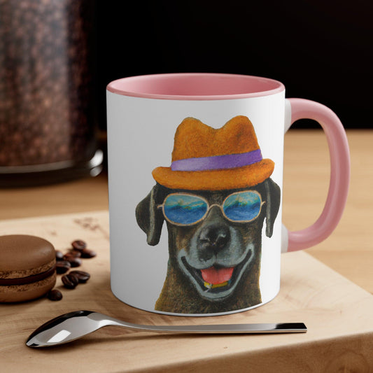 Dog at the beach wearing a hat and sunglasses painted art Accent Coffee Mug, 11oz - Giftsmojo