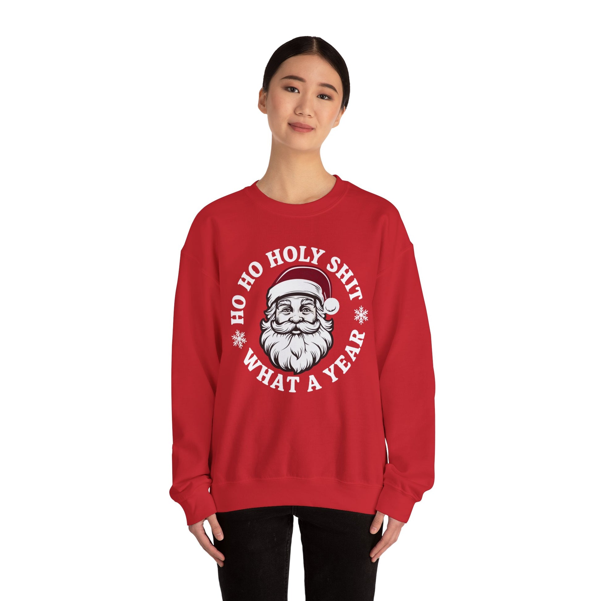 Red crewneck with funny Christmas typography design, relaxed fit shown flat for adult holiday wear