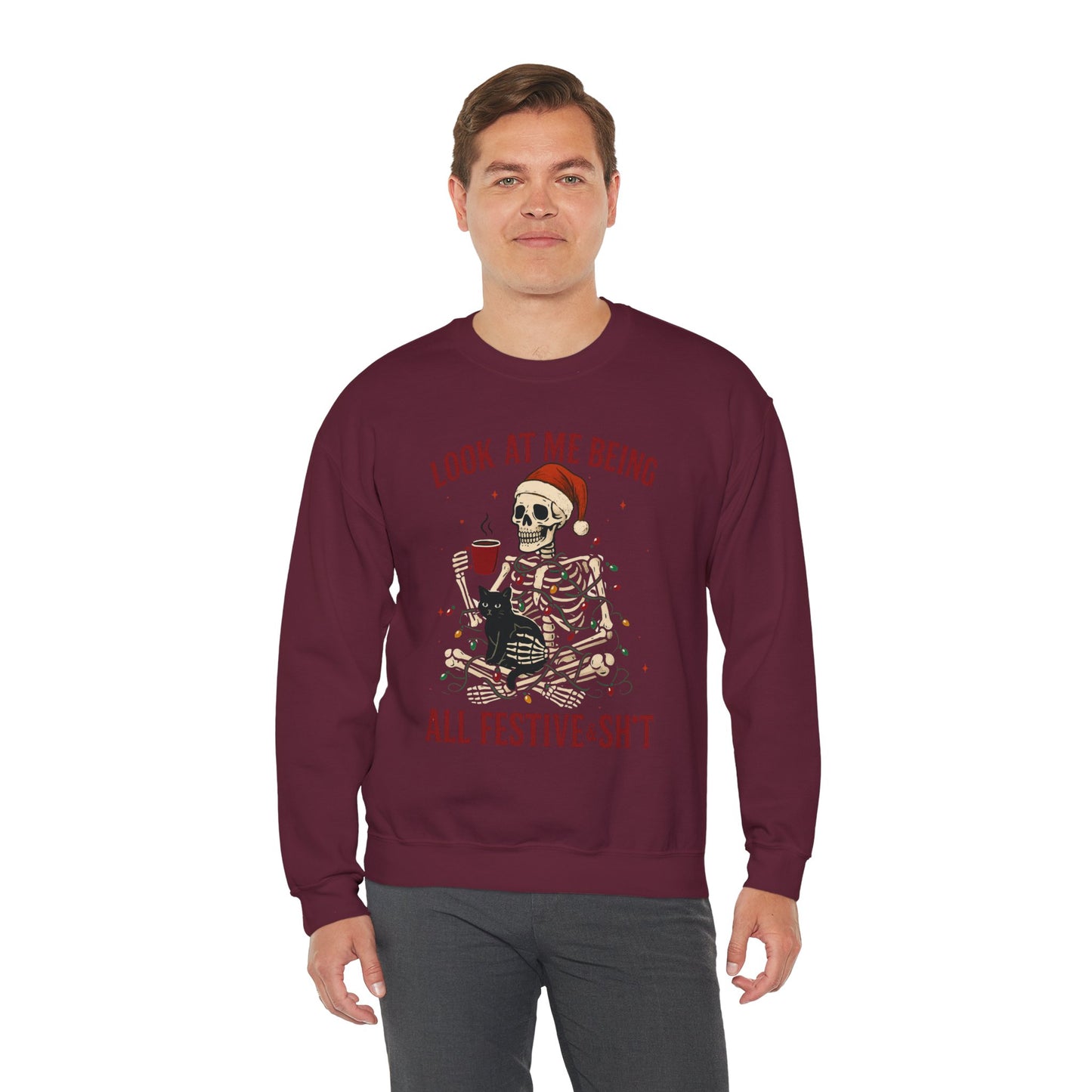 maroon unisex sweatshirt featuring skeleton wrapped in lights, crisp front print shown flat on clean background