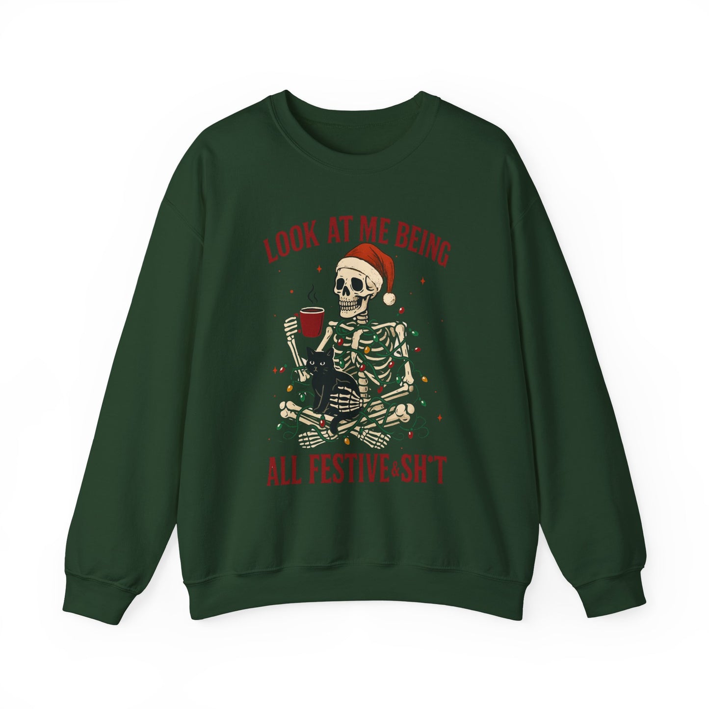 Unisex crewneck with skeleton wrapped in string lights and humorous quote, centered chest graphic, studio front view on white