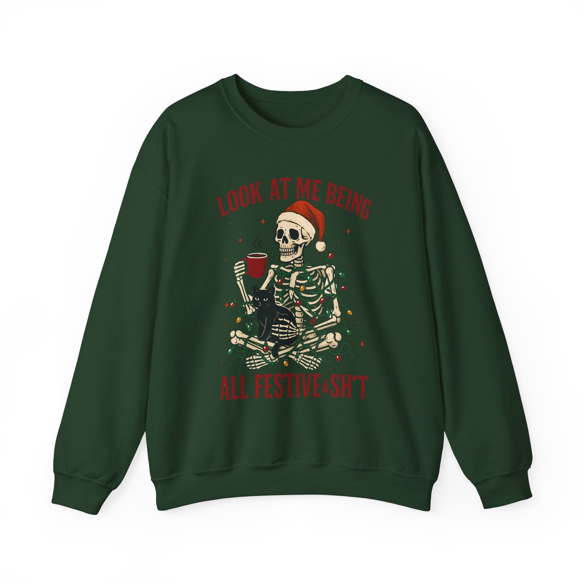 Unisex crewneck with skeleton wrapped in string lights and humorous quote, centered chest graphic, studio front view on white