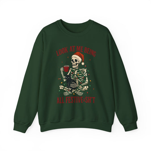 Unisex crewneck with skeleton wrapped in string lights and humorous quote, centered chest graphic, studio front view on white