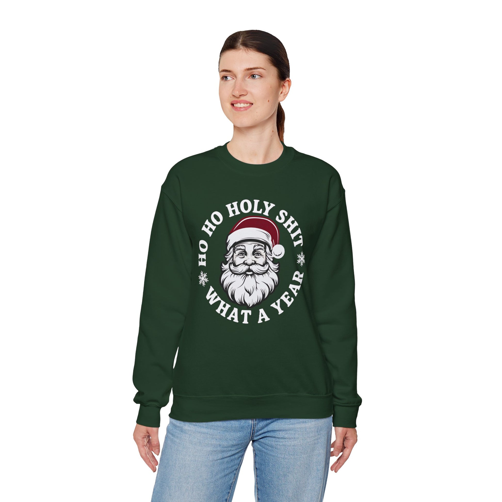 Forest green unisex fleece with humorous “Ho Ho Holy Shit” text graphic, ribbed collar and cuffs visible
