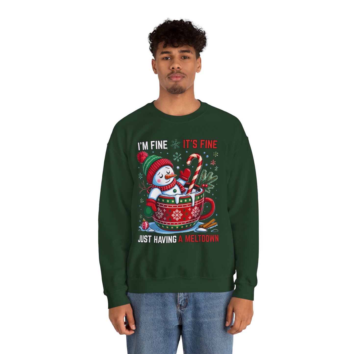 Forest green crewneck featuring “I’m Fine It’s Fine” text above Santa melting in mug, ribbed collar and cuffs visible