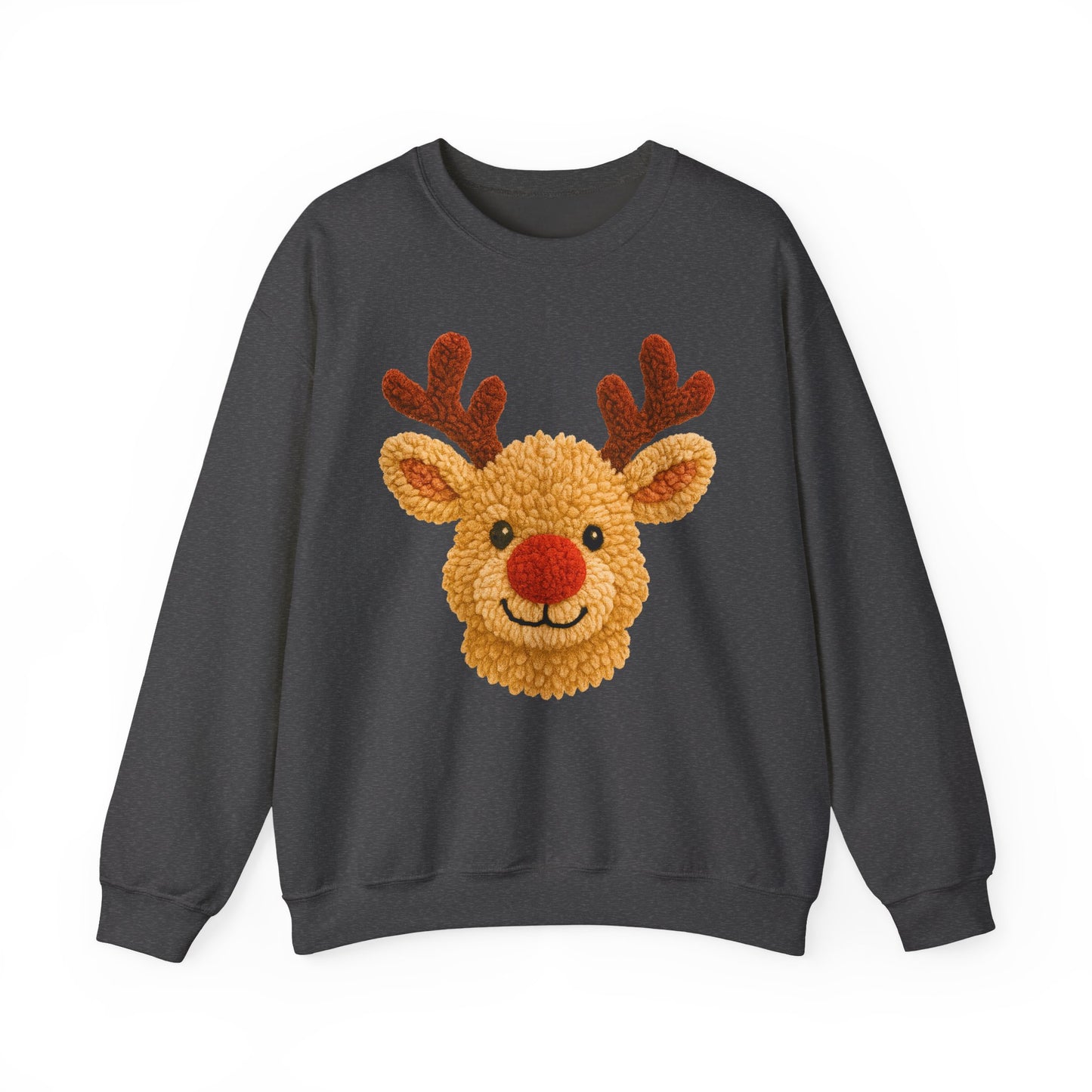 black fleece crew with high-contrast reindeer design, ribbed collar and cuffs visible in product mockup