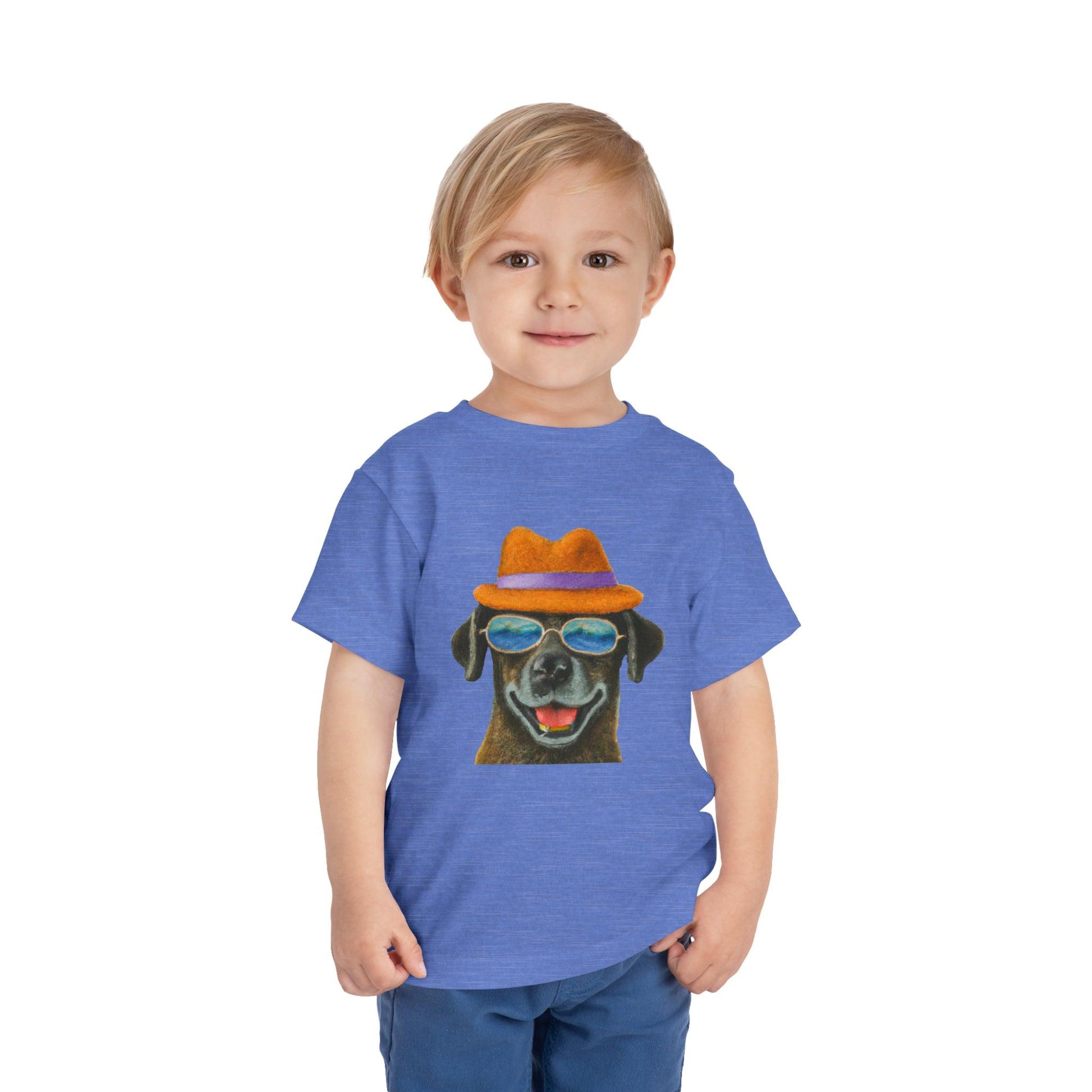 Dog at the beach wearing a hat and sunglasses painted art Toddler Short Sleeve Tee - Giftsmojo