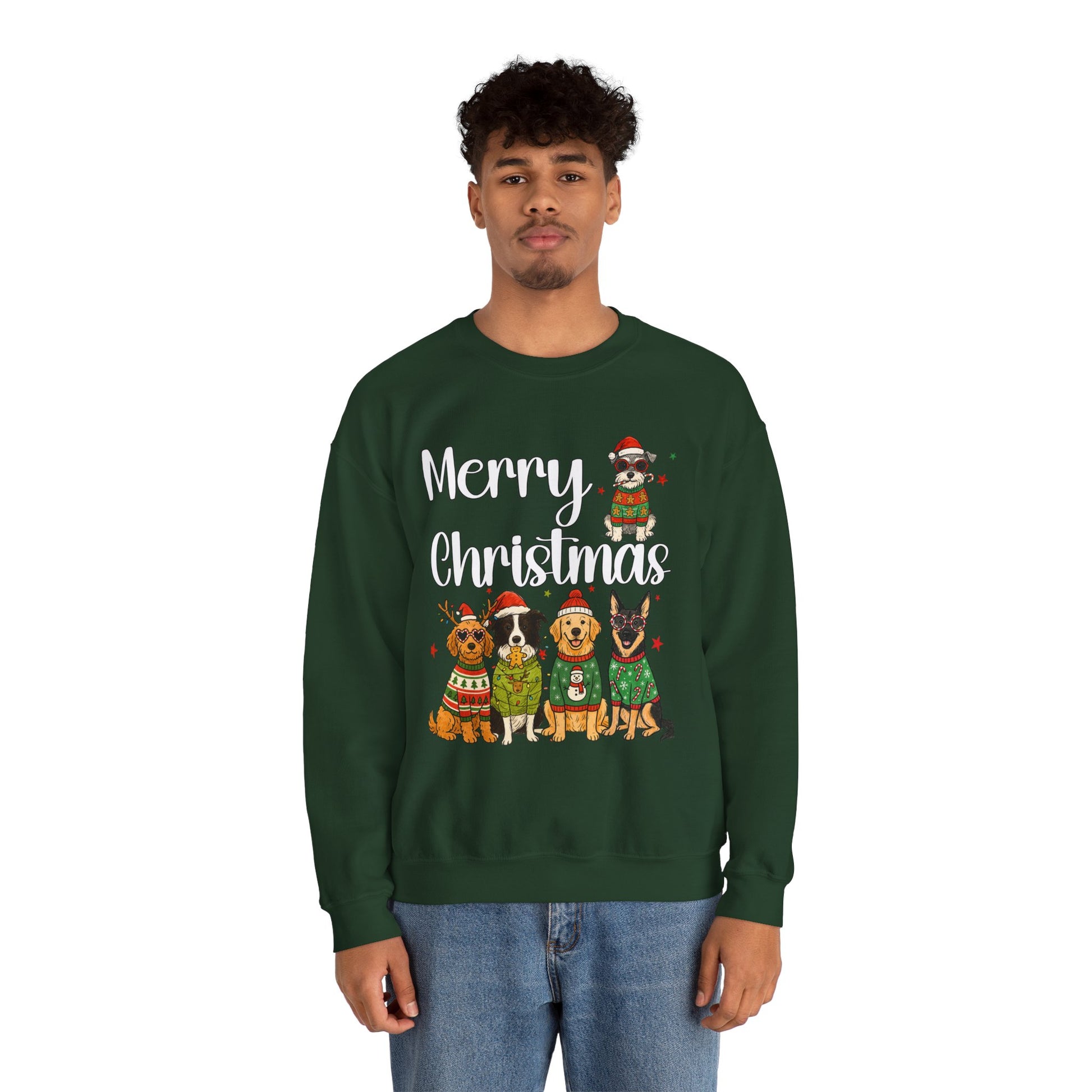 Close-up of five-dog artwork on green Christmas crewneck,