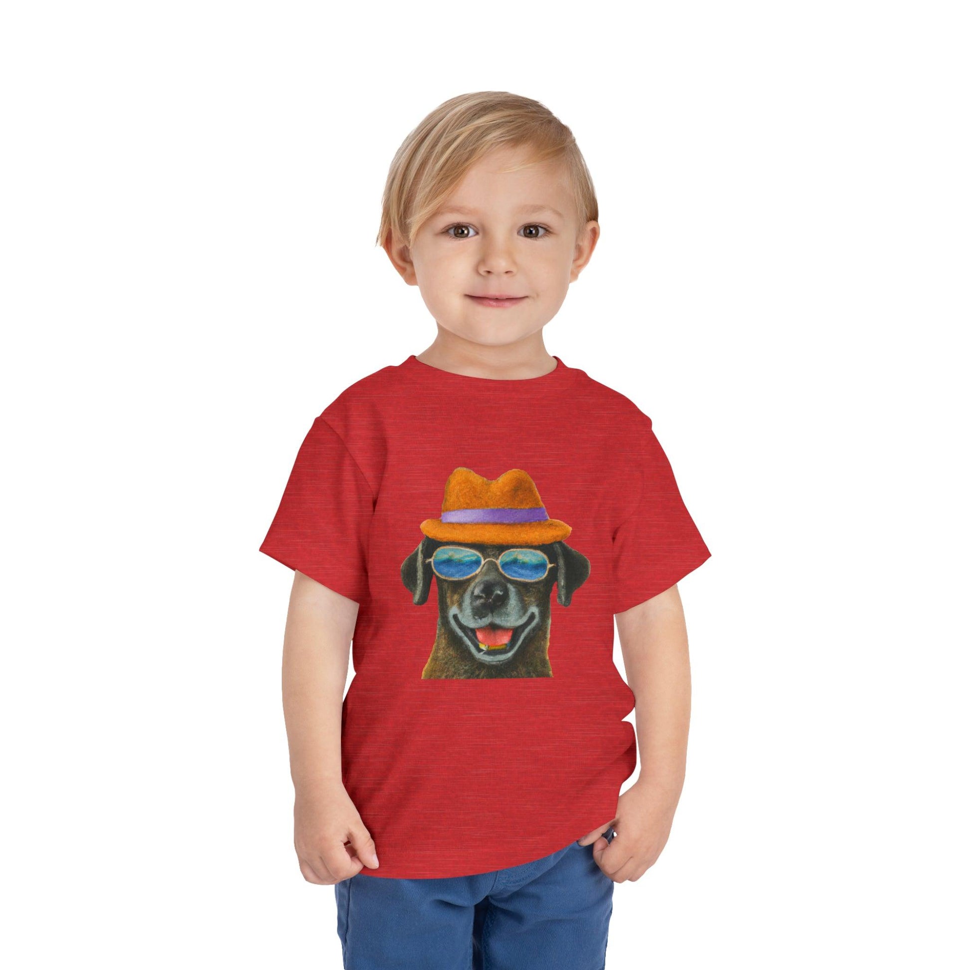 Dog at the beach wearing a hat and sunglasses painted art Toddler Short Sleeve Tee - Giftsmojo