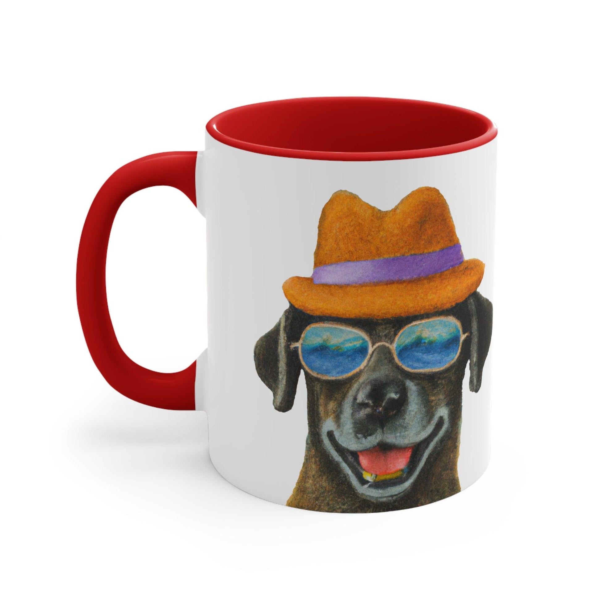 Dog at the beach wearing a hat and sunglasses painted art Accent Coffee Mug, 11oz - Giftsmojo