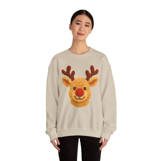 Unisex crewneck with classic reindeer graphic, centered front print on clean white background for holiday wear