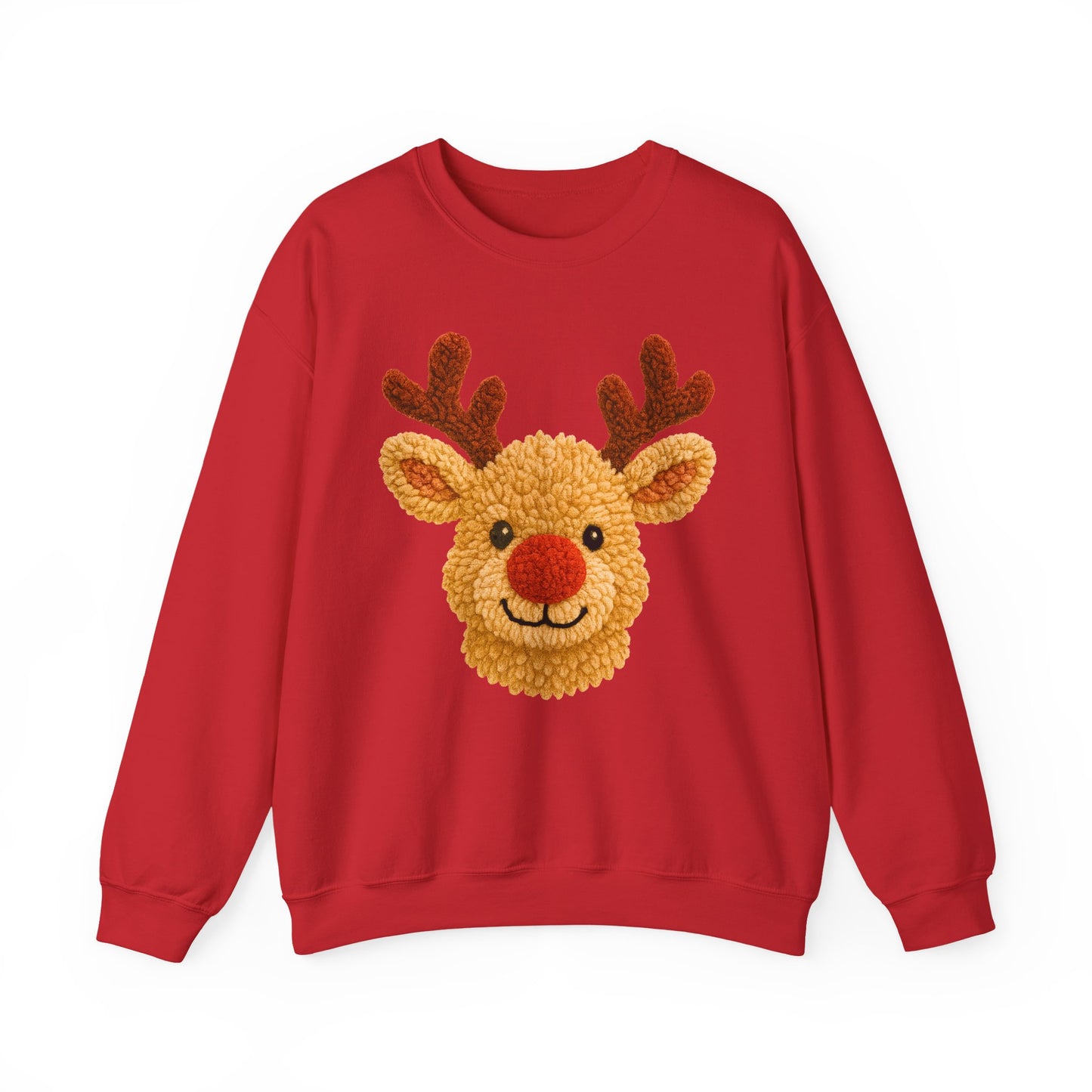 red unisex sweatshirt with reindeer illustration, photo-ready graphic shown flat on clean backdrop