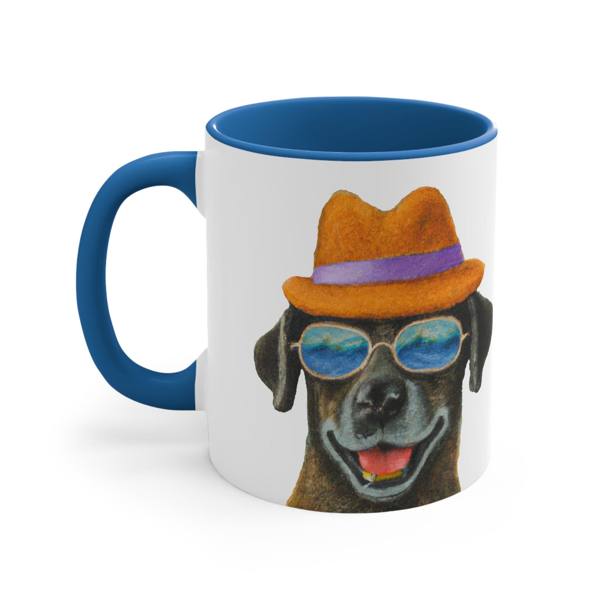 Dog at the beach wearing a hat and sunglasses painted art Accent Coffee Mug, 11oz - Giftsmojo