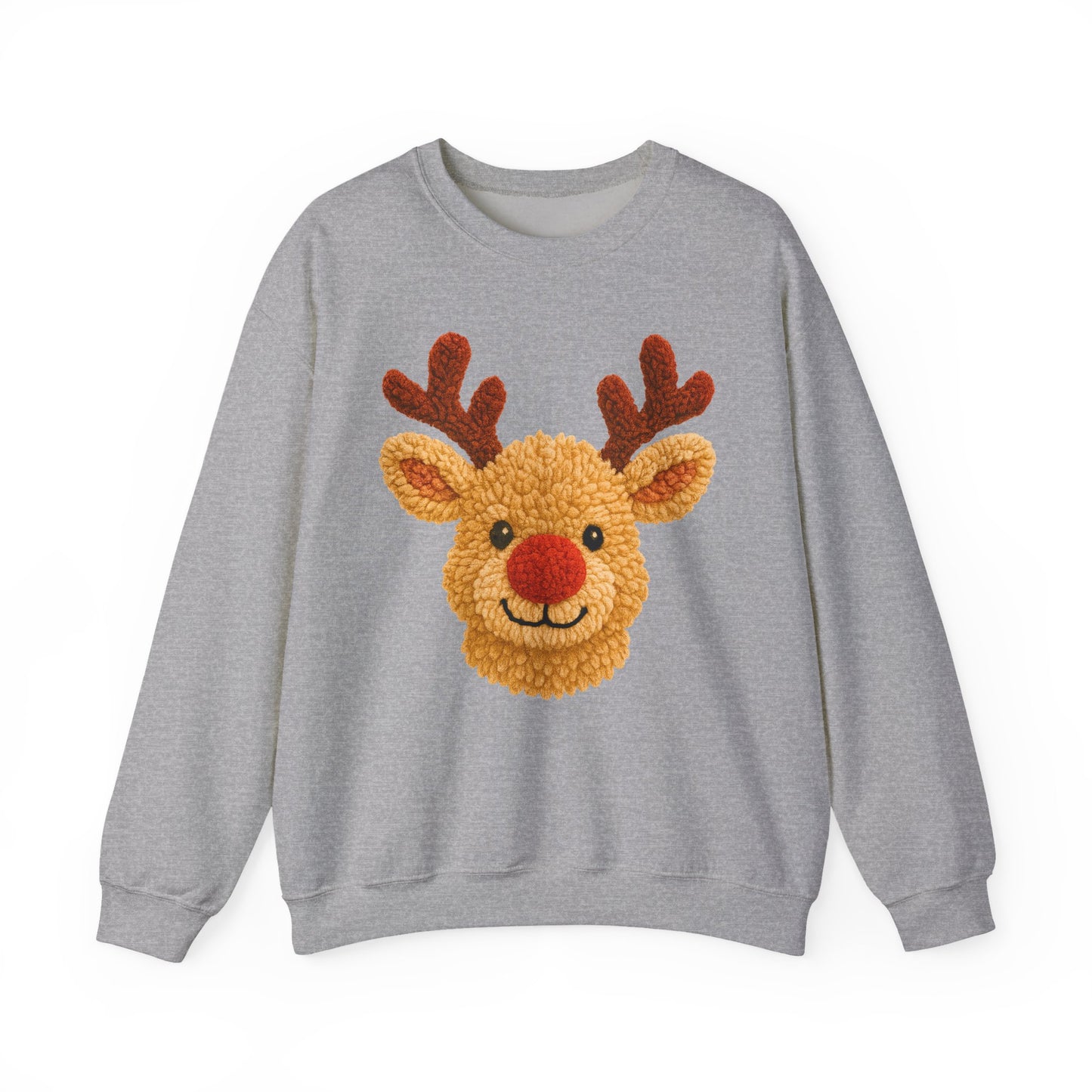 gray fleece crew with high-contrast reindeer design, ribbed collar and cuffs visible in product mockup