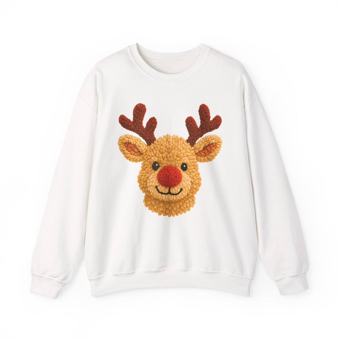 white fleece crew with high-contrast reindeer design, ribbed collar and cuffs visible in product mockup