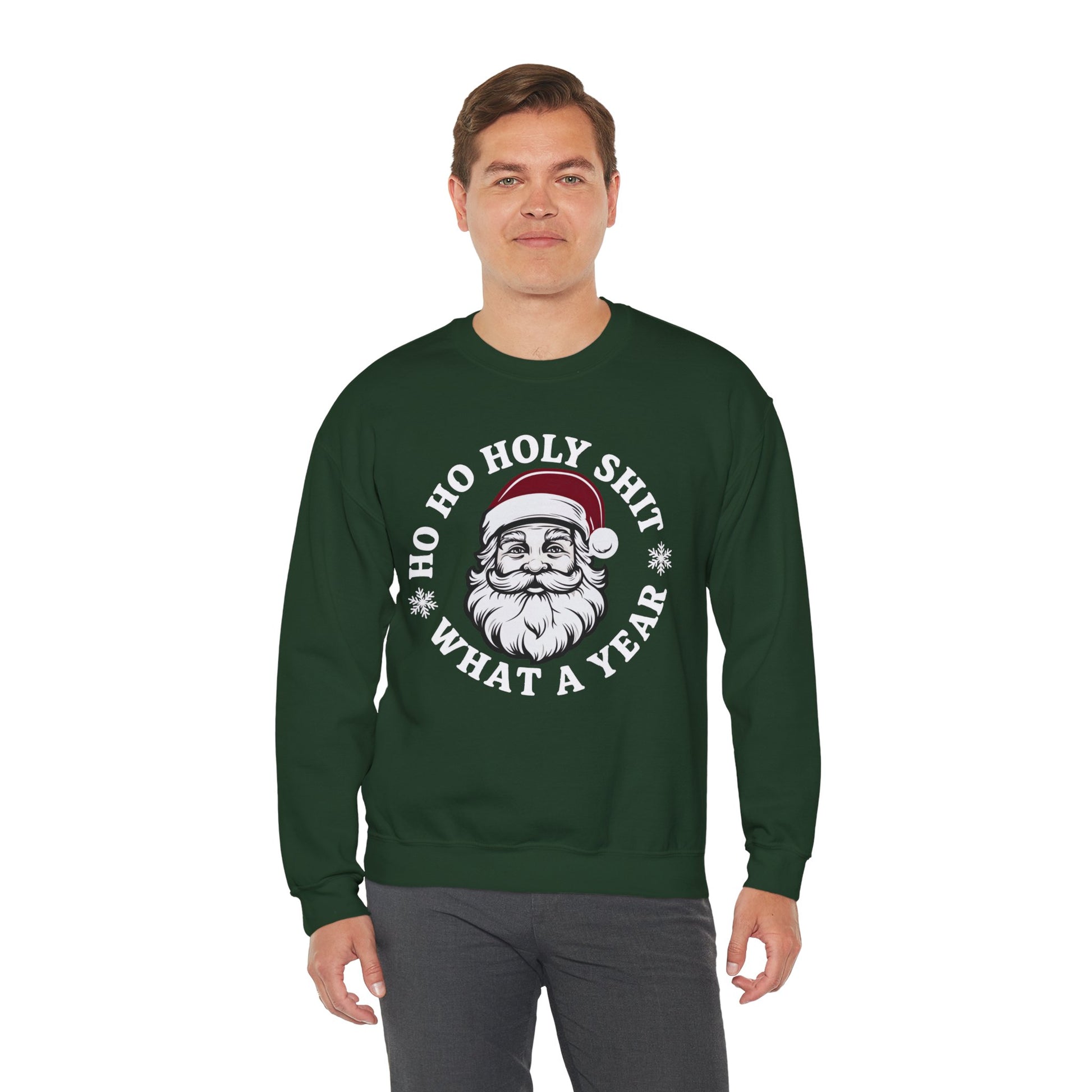 Forest green unisex fleece with humorous “Ho Ho Holy Shit” text graphic, ribbed collar and cuffs visible