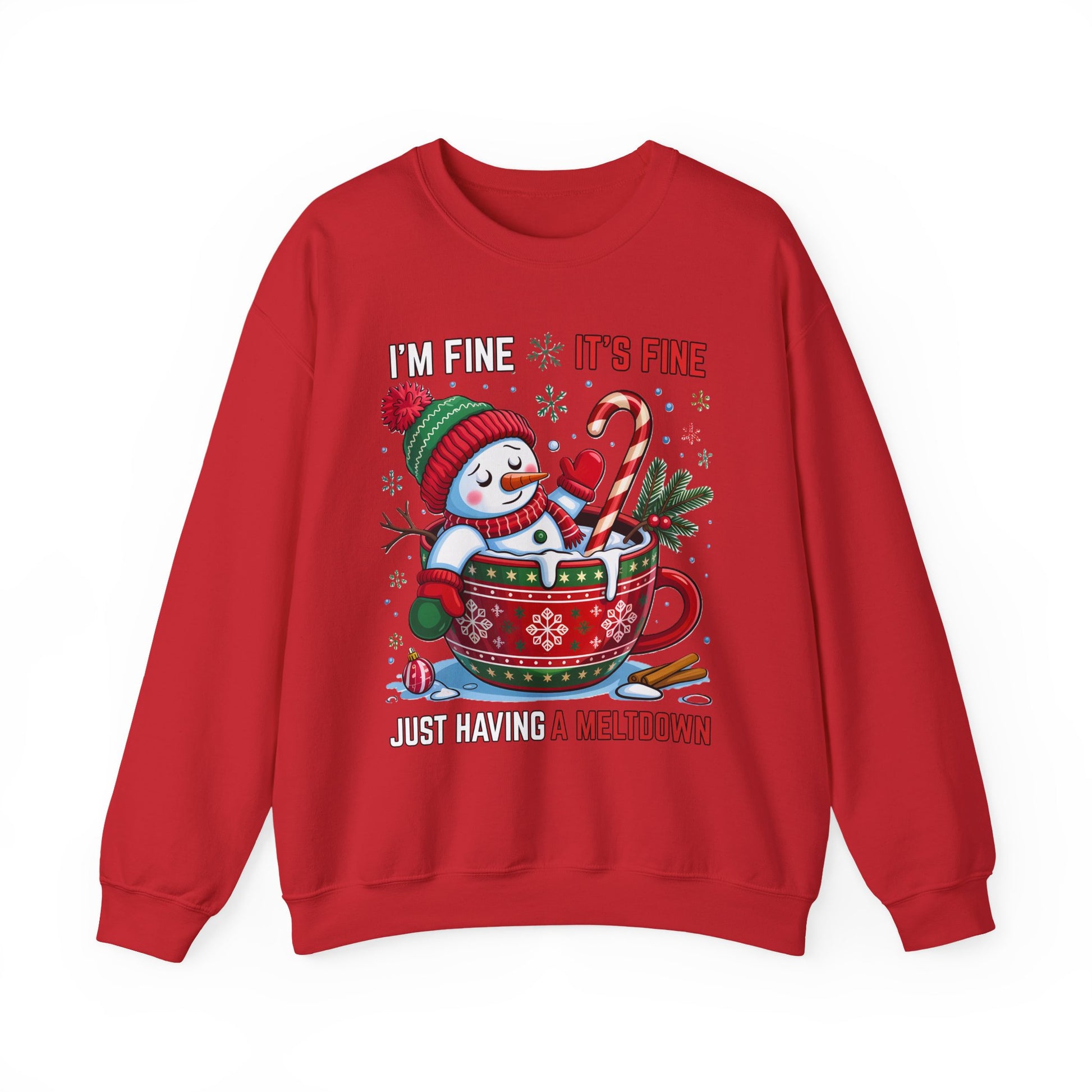 red sweatshirt showing Santa in a red mug with candy cane and humor phrase, centered chest graphic, studio mockup