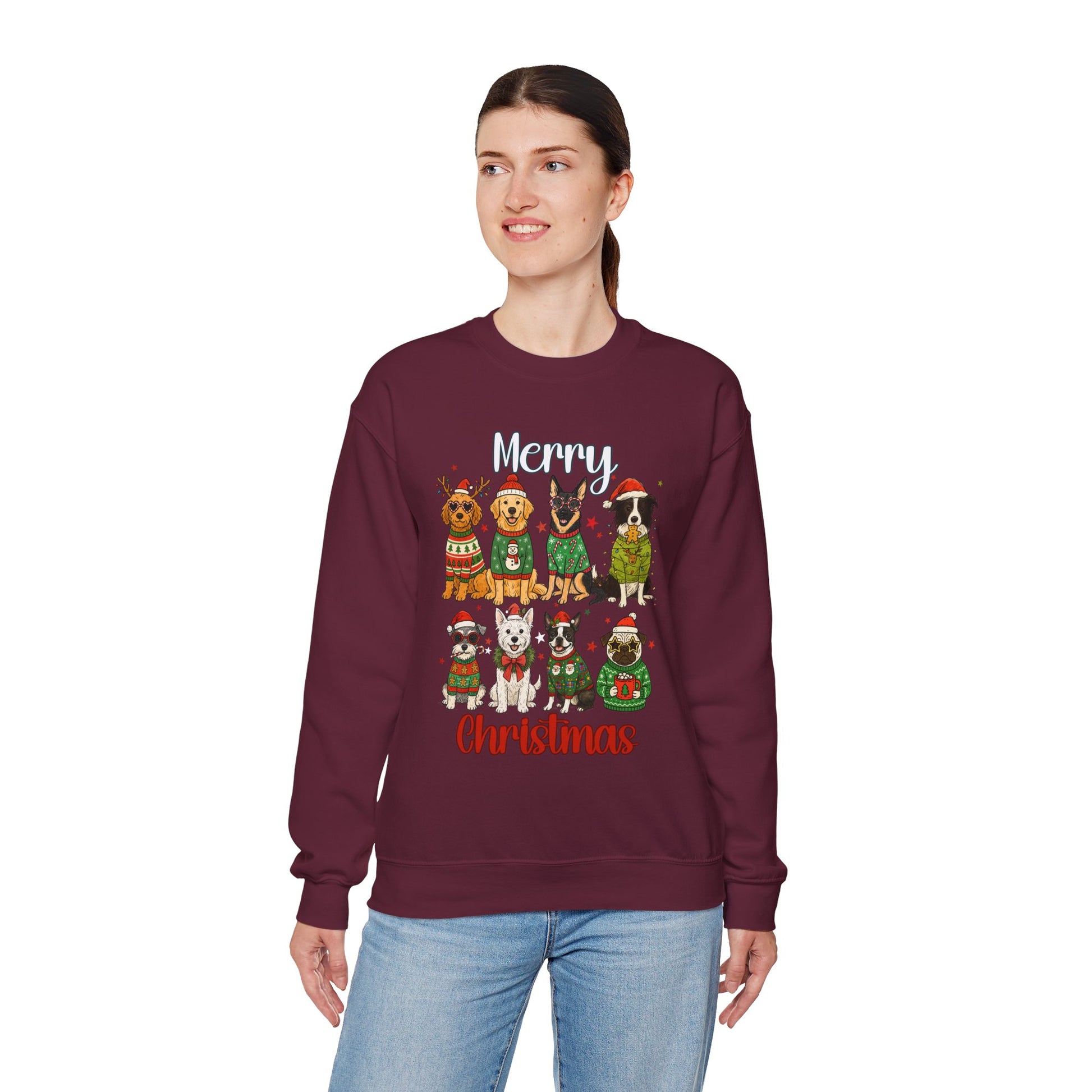 Close-up of dogs graphic on maroon Christmas sweatshirt, durable print with ribbed collar and cuffs visible