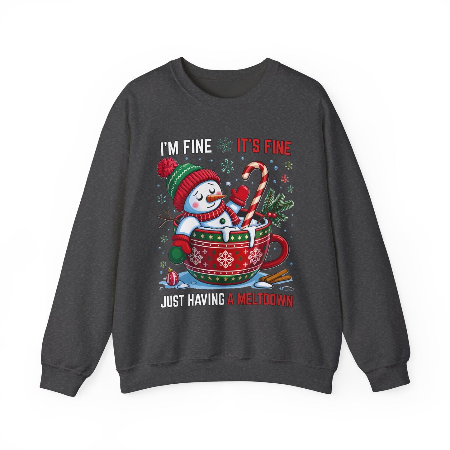 Black sweatshirt showing Santa in a red mug with candy cane and humor phrase, centered chest graphic, studio mockup
