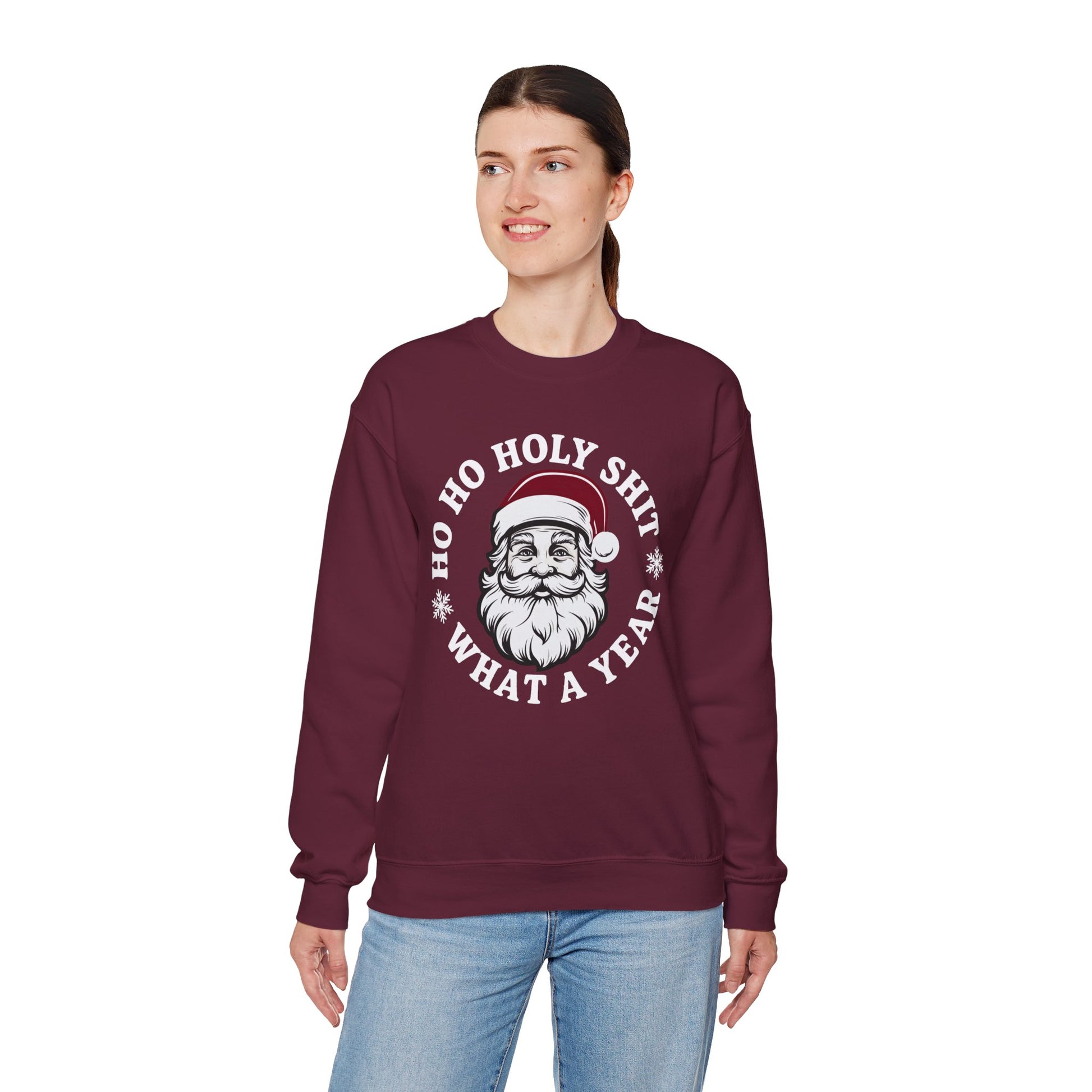 Unisex crewneck sweatshirt with bold “Ho Ho Holy Shit, What A Year” Christmas text, front view on clean white background