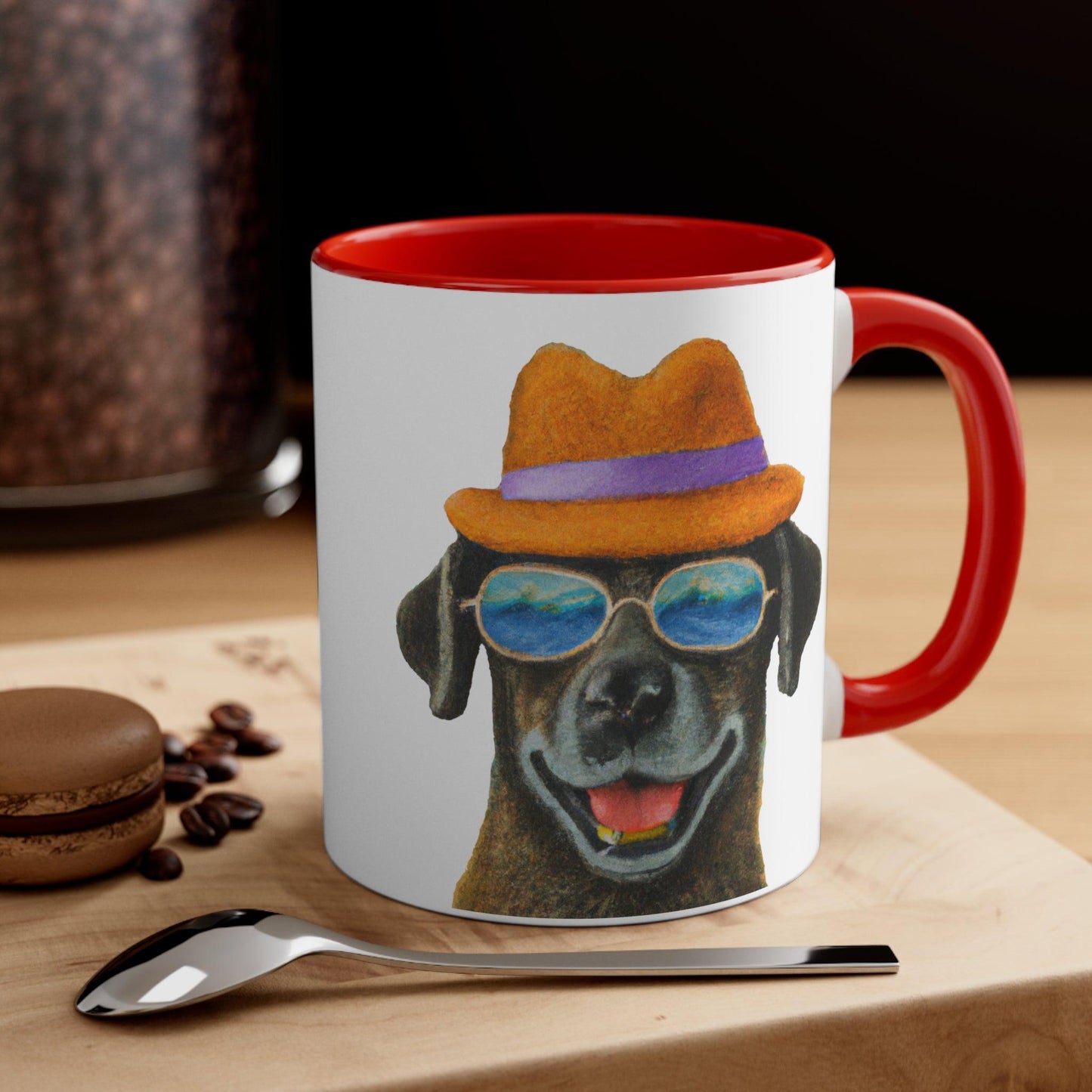 Dog at the beach wearing a hat and sunglasses painted art Accent Coffee Mug, 11oz - Giftsmojo