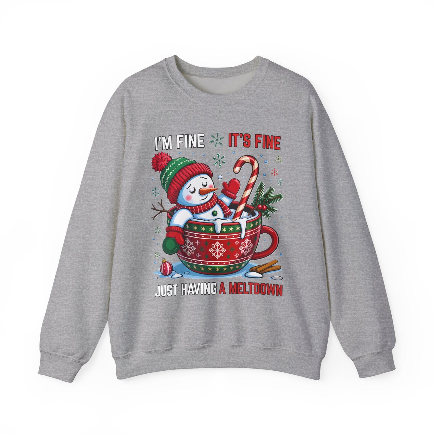 nisex crewneck with Santa melting inside a red mug and candy cane, “I’m Fine It’s Fine” text, front view on white background