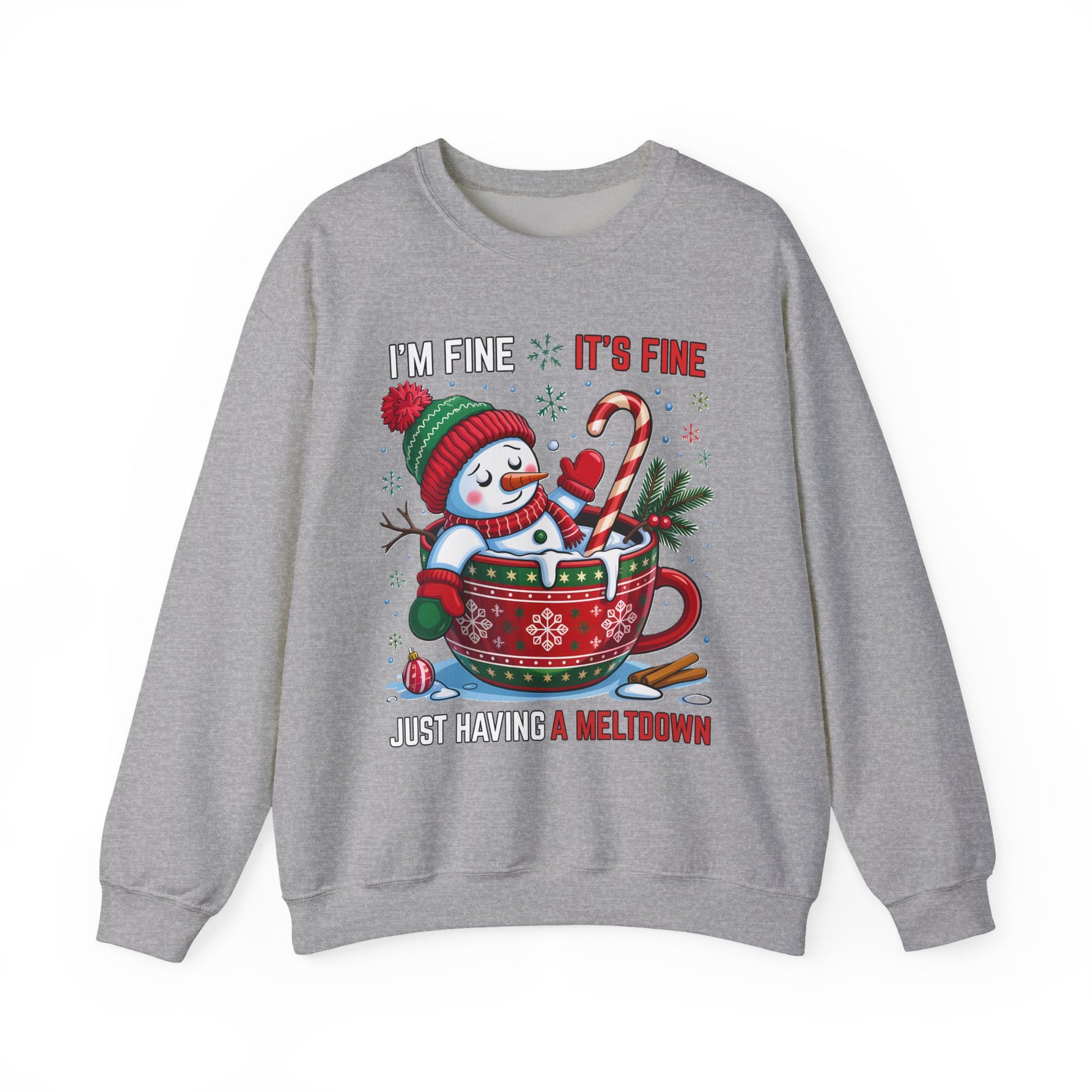 nisex crewneck with Santa melting inside a red mug and candy cane, “I’m Fine It’s Fine” text, front view on white background