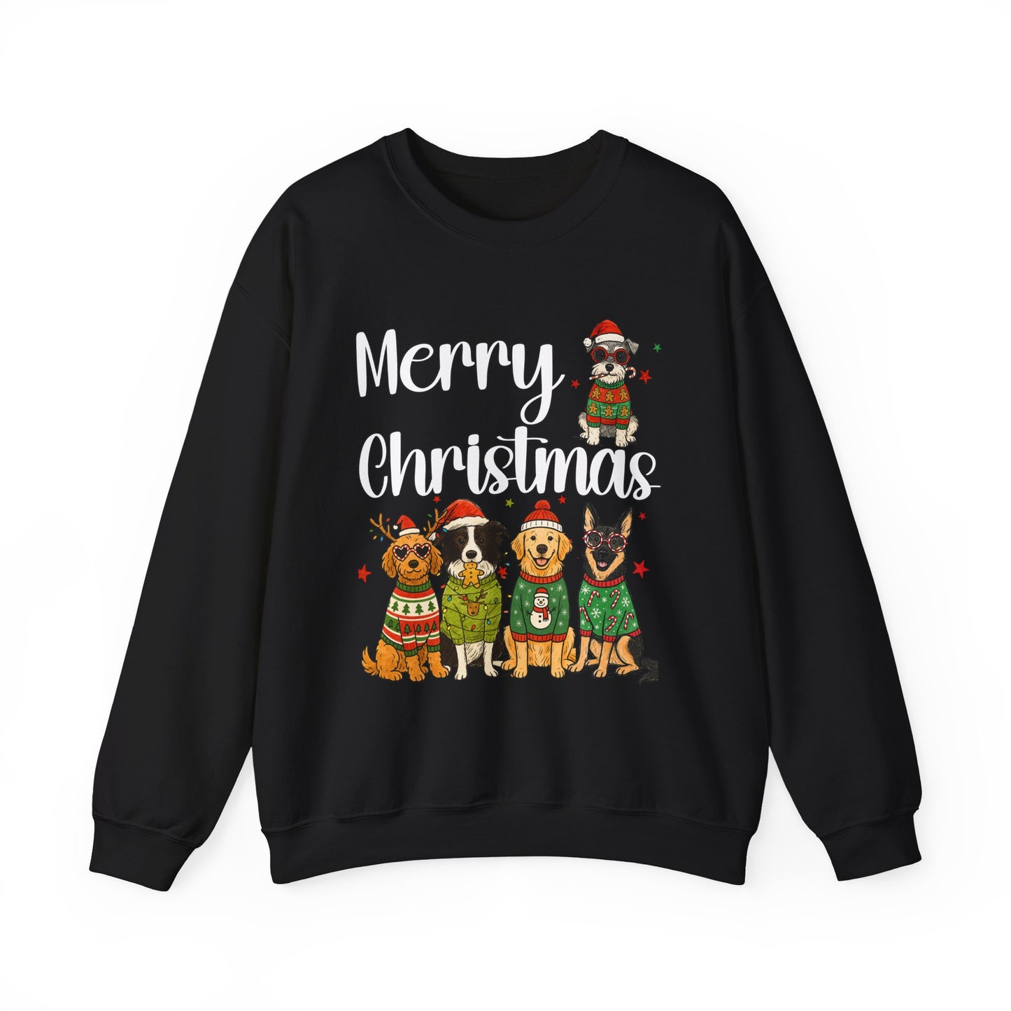 Black unisex Christmas sweatshirt showing five cheerful dogs in sweaters, front view studio mockup for pet lovers