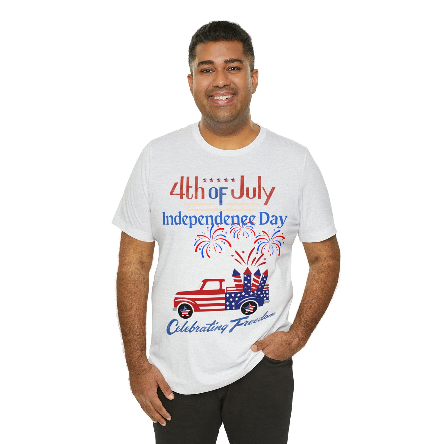 Celebrate Independence with our Patriotic Freedom Shirt! Men and Women's 4th of July Shirt featuring USA Flag, Fireworks, and Joyful Spirit!"