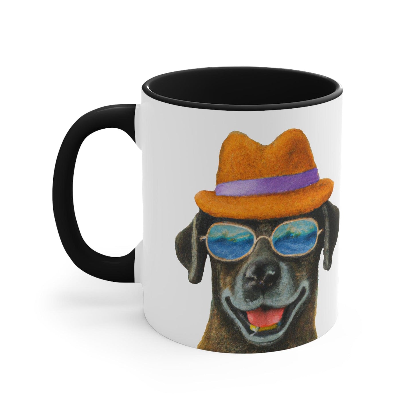 Dog at the beach wearing a hat and sunglasses painted art Accent Coffee Mug, 11oz - Giftsmojo